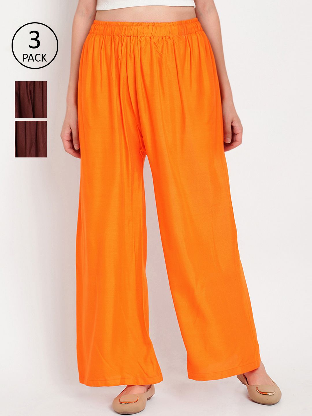 TAG 7 Women Pack of 3 Orange & Brown Solid Wide Leg Palazzos Price in India