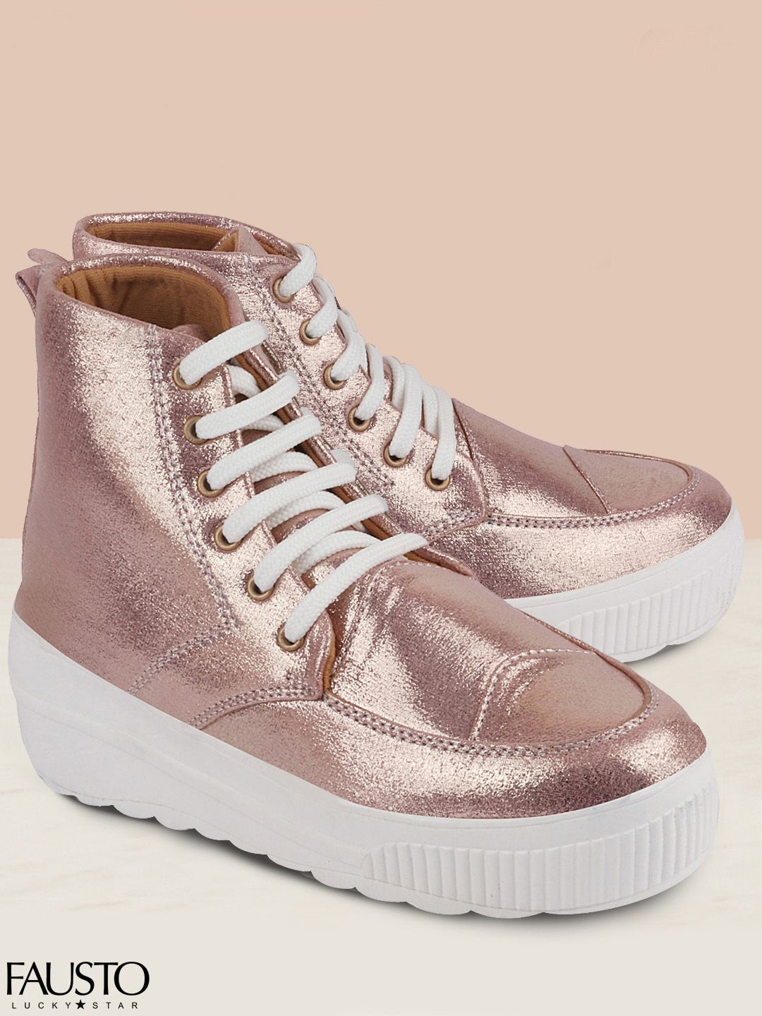 FAUSTO Women Rose Gold-Toned Solid Lightweight High-Top Sneakers Price in India