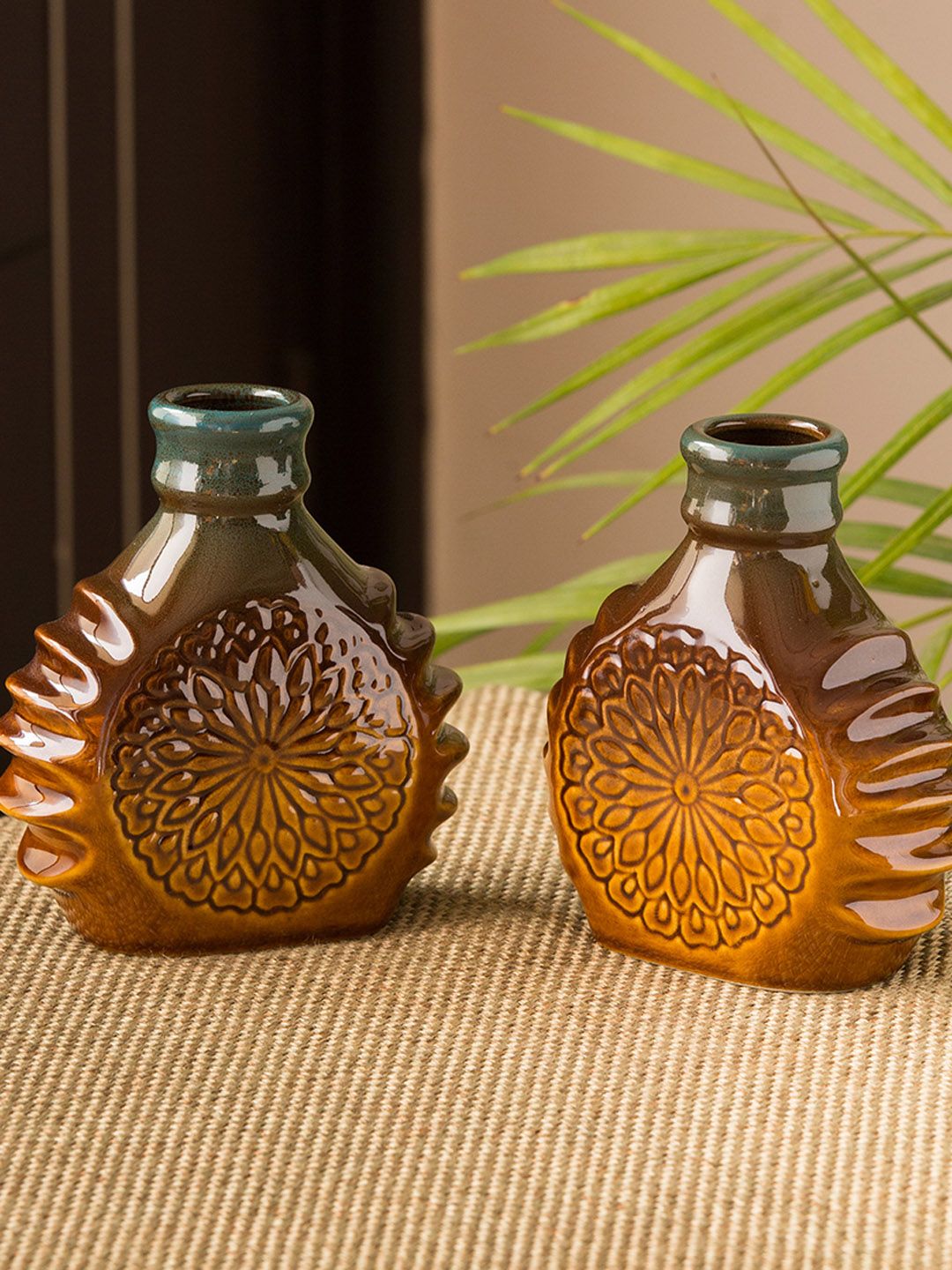 ExclusiveLane Set of 2 Brown & Teal Green Ceramic Studio Pottery Vases Price in India