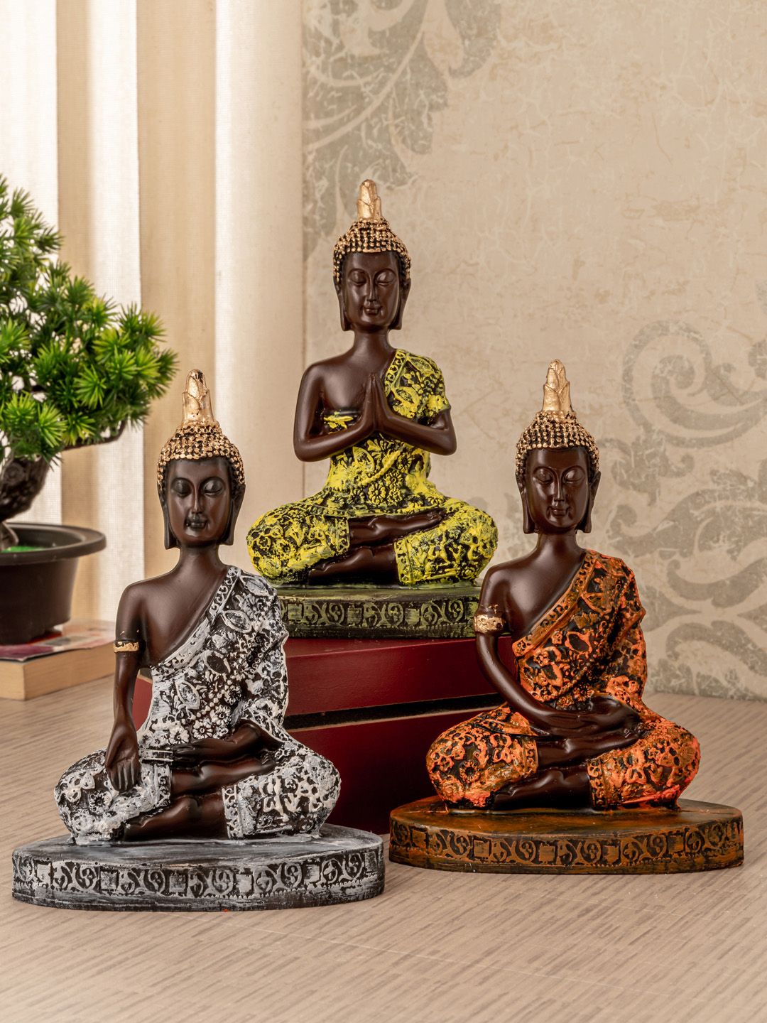 TIED RIBBONS Set Of 3 Yellow & Blue Lord Buddha Showpieces Price in India