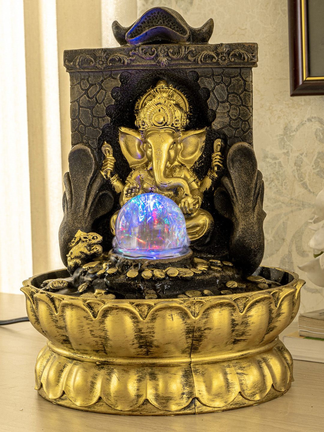 TIED RIBBONS Gold-Toned & Black Ganesha LED Table Top Water Fountain Price in India