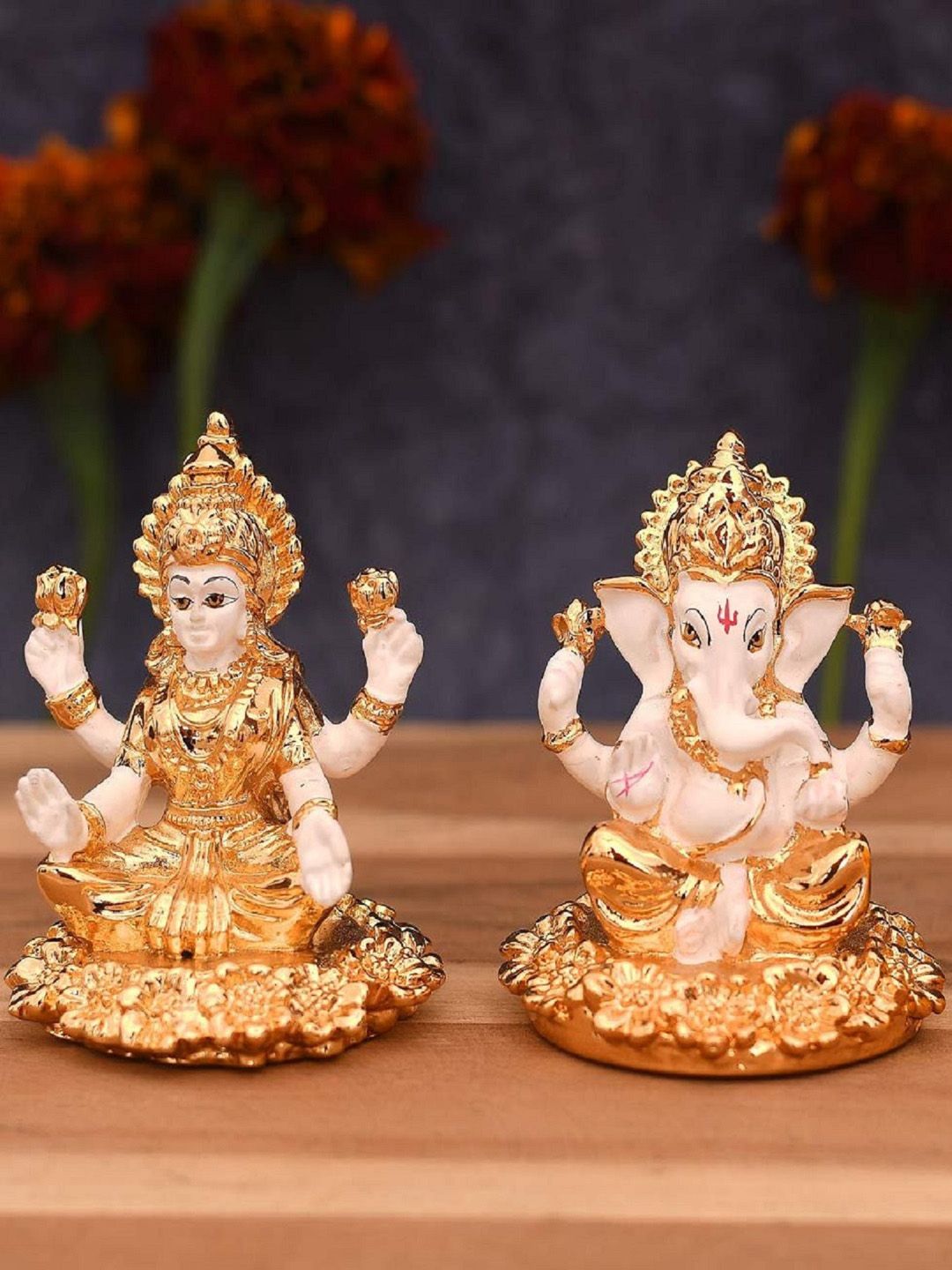 CraftVatika Set Of 2 Gold-Toned & White Handcrafted Ganesha & Lakshmi Idol Showpieces Price in India