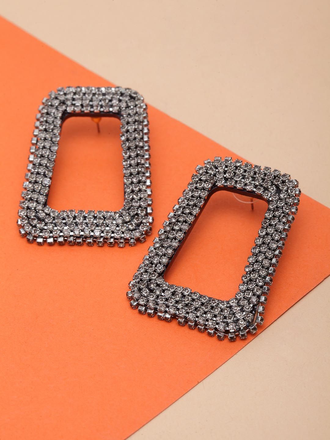 Madame Grey Silver-Plated Rhinestone Studded Square Studs Price in India