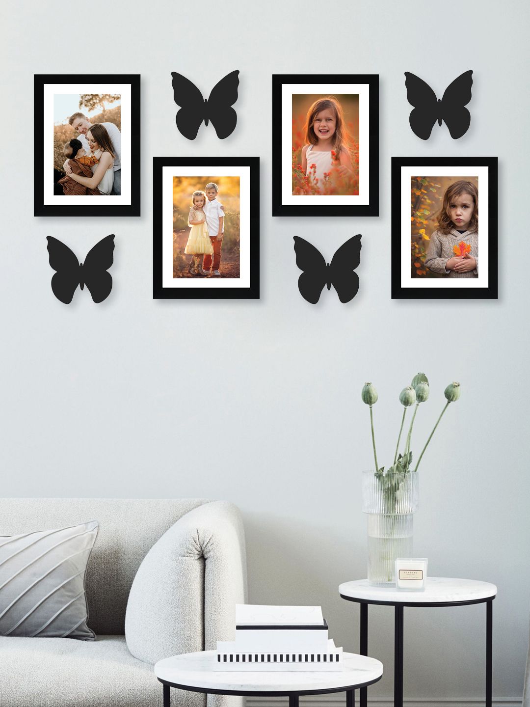 RANDOM Set of 4 Black Solid New Synthetic Photo Frames with Butterfly Plaques Price in India