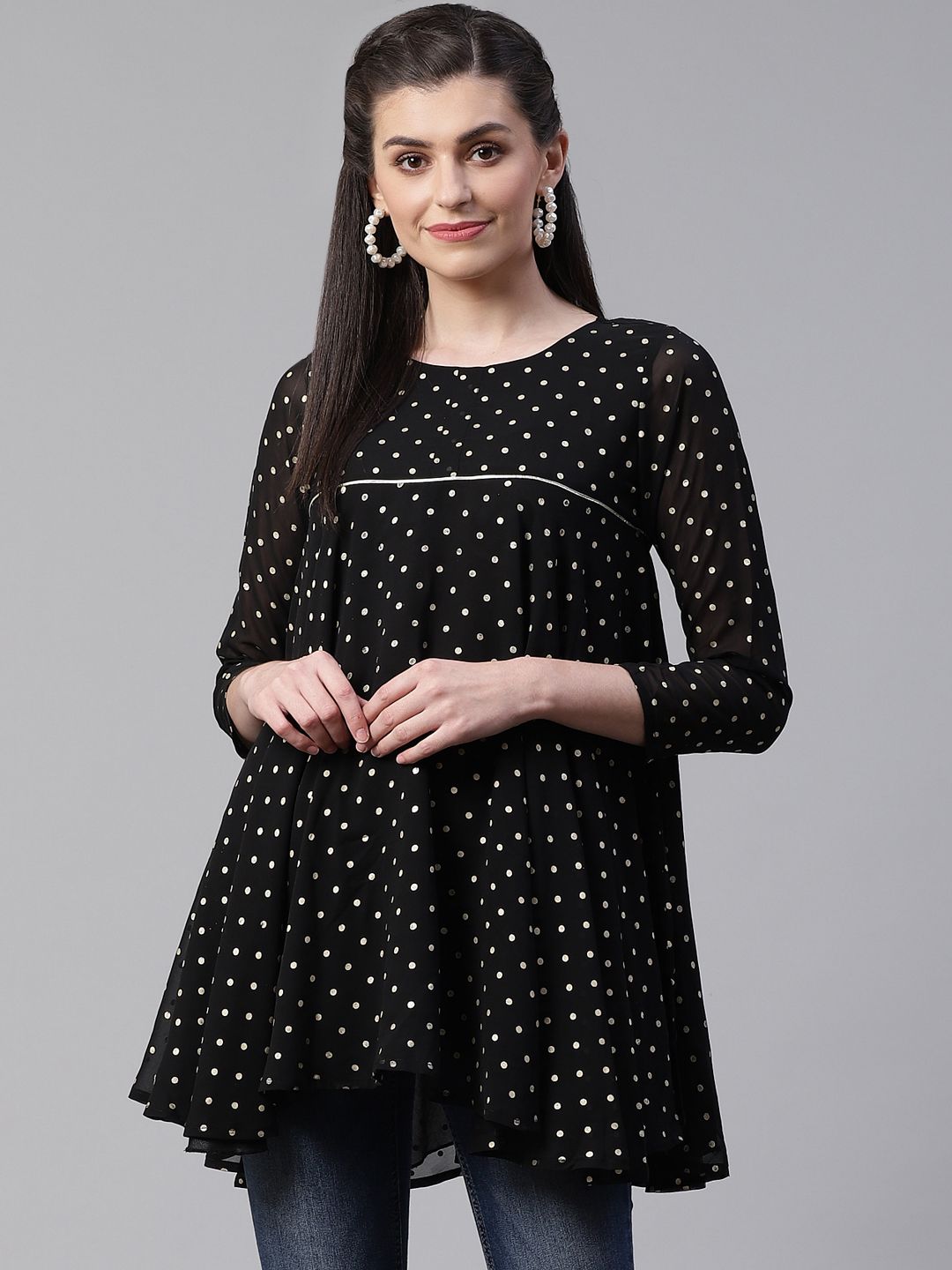 Ahalyaa Women's Black & White Polka Dots Print A-Line Tunic Price in India