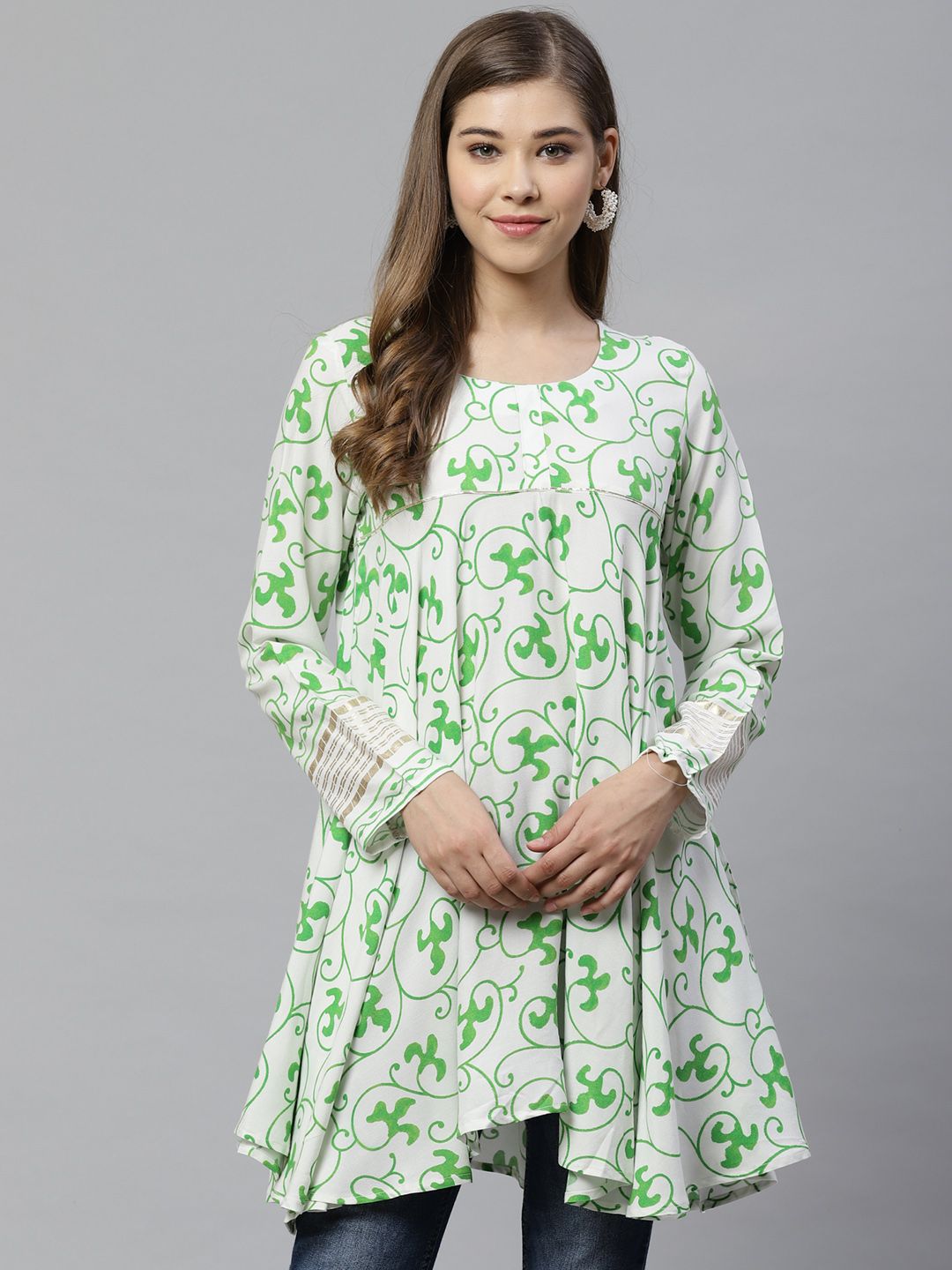 Ahalyaa Women White & Green Ethnic Printed Asymmetric Tunic Price in India