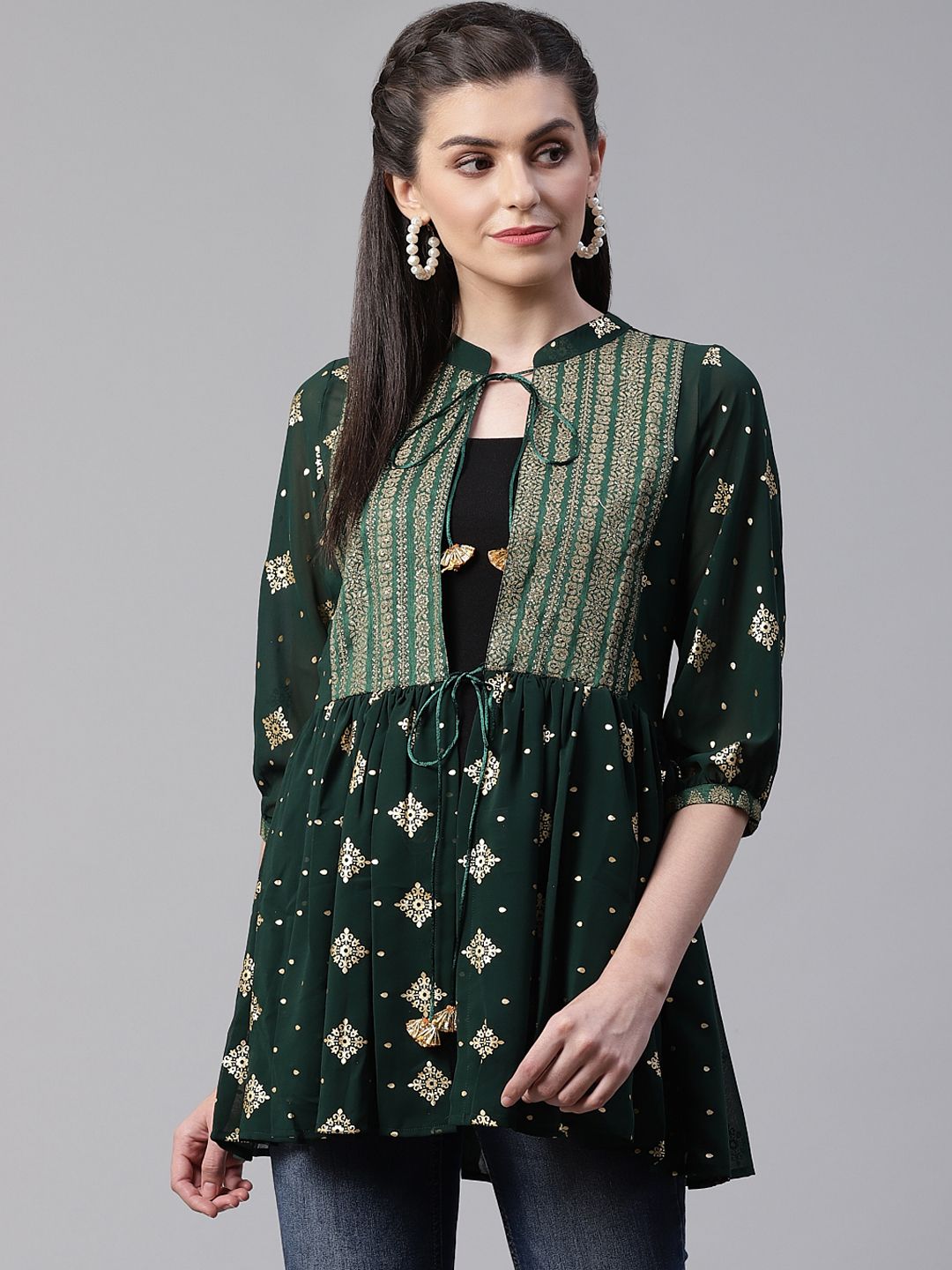 Ahalyaa Women's Green & Golden Printed Semi-Sheer Front-Open Kediya Tunic Price in India