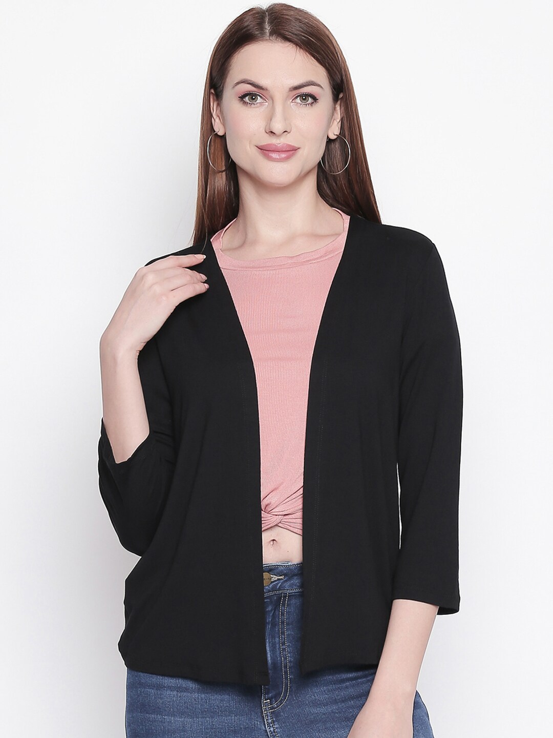 Honey by Pantaloons Women Black Solid Open Front Shrug Price in India