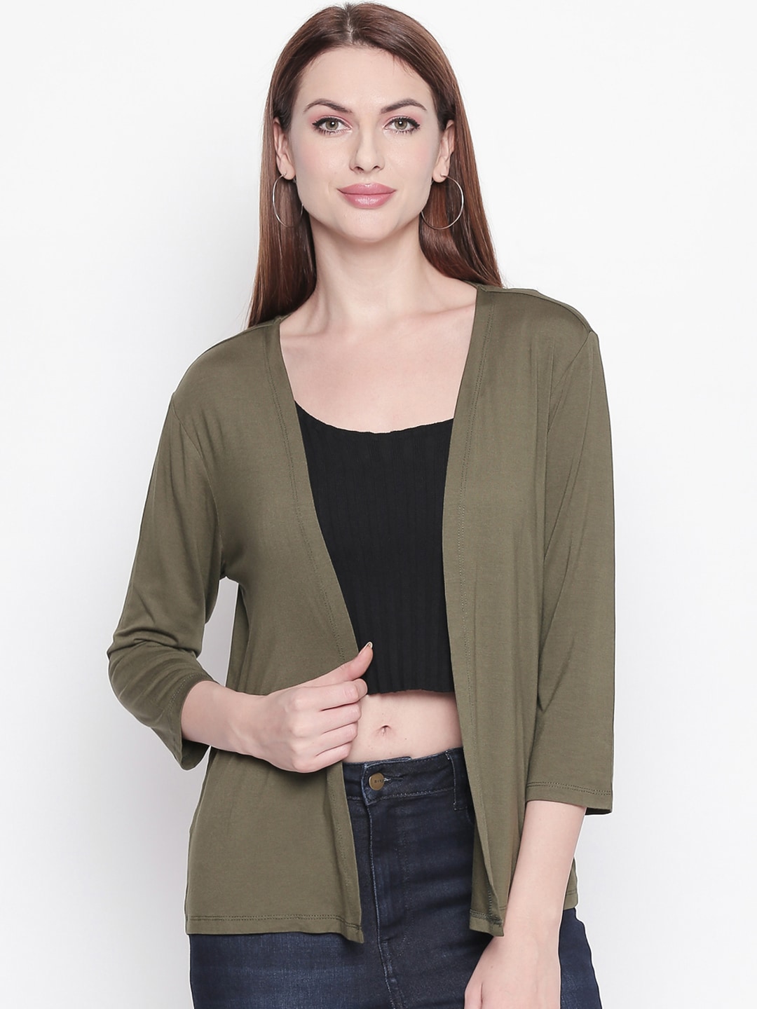 Honey by Pantaloons Women Olive Green Solid Open Front Shrug Price in India