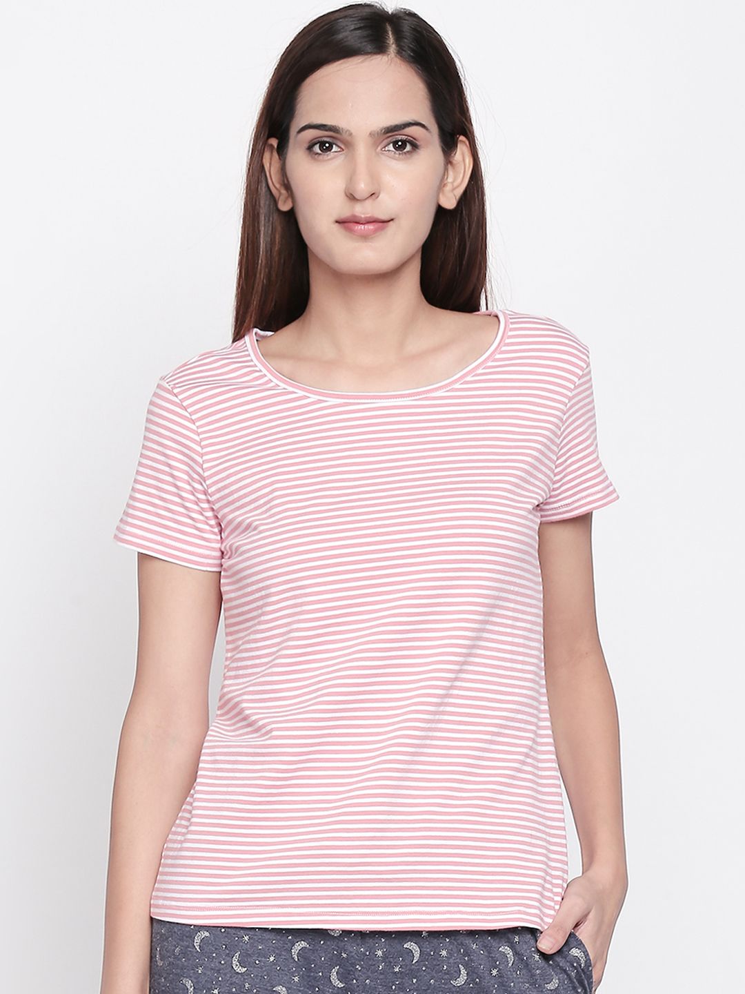 Dreamz by Pantaloons Women Pink Striped Lounge tshirt Price in India