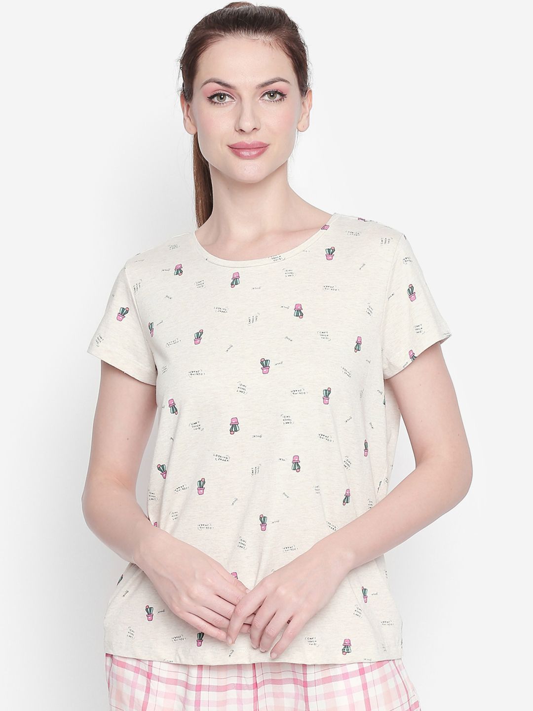 Dreamz by Pantaloons Women Cream-Coloured Printed Lounge Tshirt Price in India