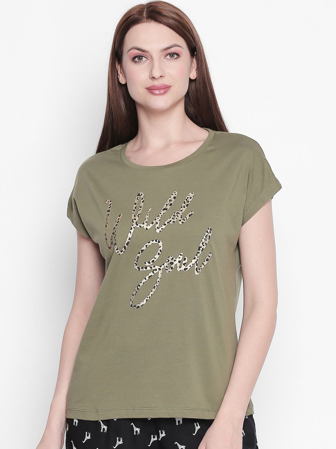 Dreamz by Pantaloons Women Green Printed Pure Cotton Lounge tshirt Price in India