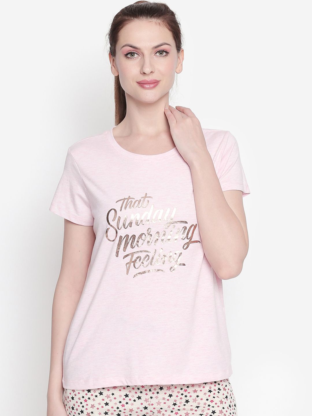 Dreamz by Pantaloons Women Pink & Gold-Coloured Printed Lounge Tshirts Price in India