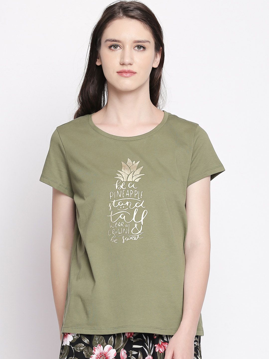 Dreamz by Pantaloons Women Olive Green Printed Lounge tshirt Price in India