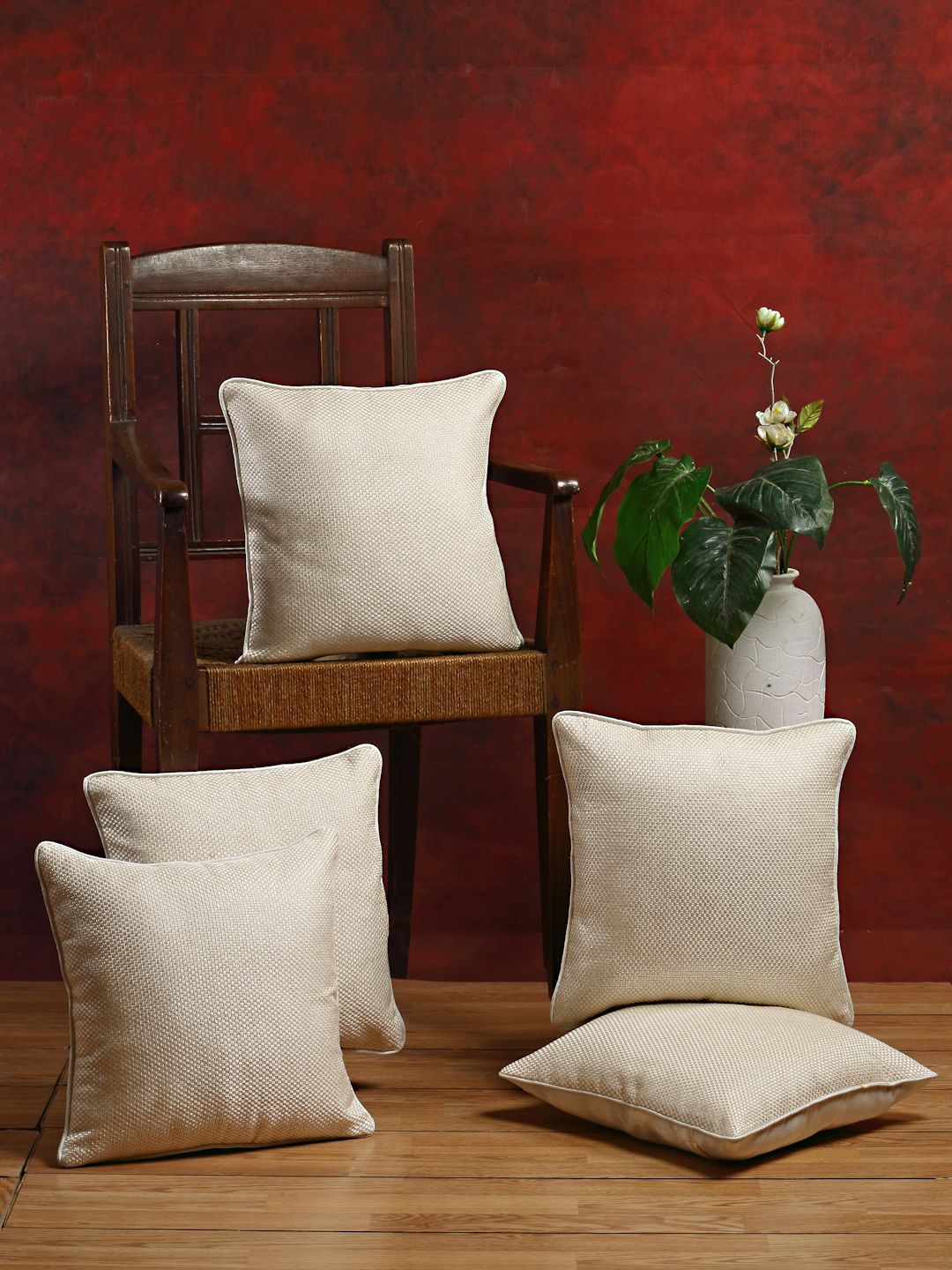 DREAM WEAVERZ Off-White Set of 5 Self Design Jute Cotton Square Cushion Covers Price in India