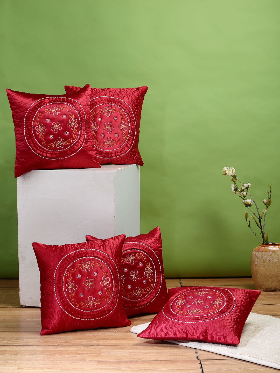 DREAM WEAVERZ Red Set of 5 Embroidered Ethnic Motifs Square Cushion Covers Price in India