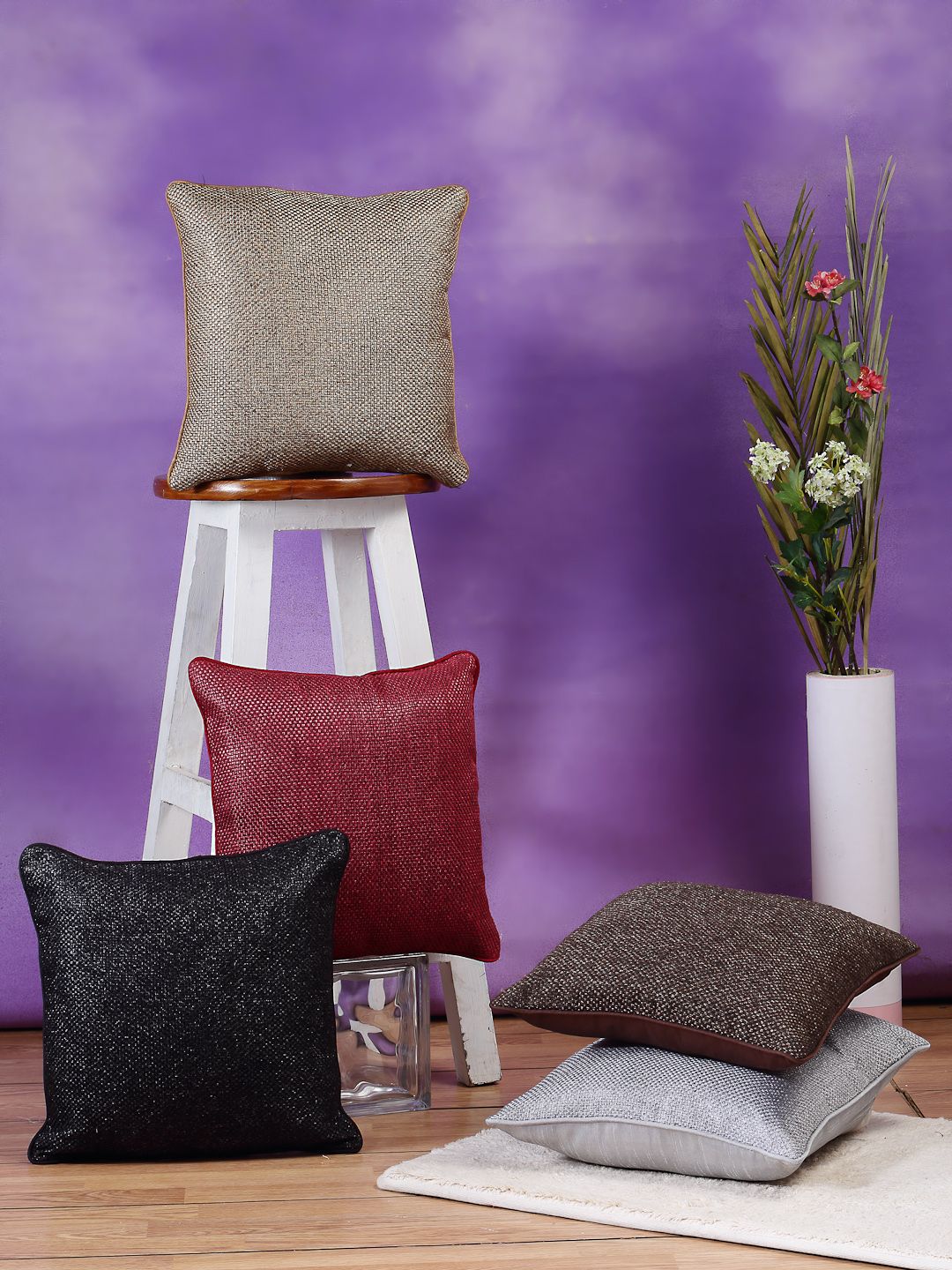 DREAM WEAVERZ Multicoloured Set of 5 Self Design Square Cushion Covers Price in India