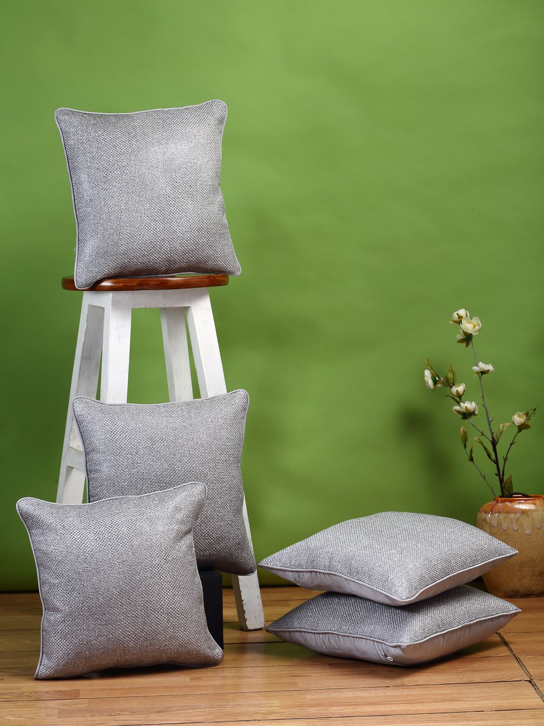 DREAM WEAVERZ Grey Set of 5 Self Design Jute Cotton Square Cushion Covers Price in India