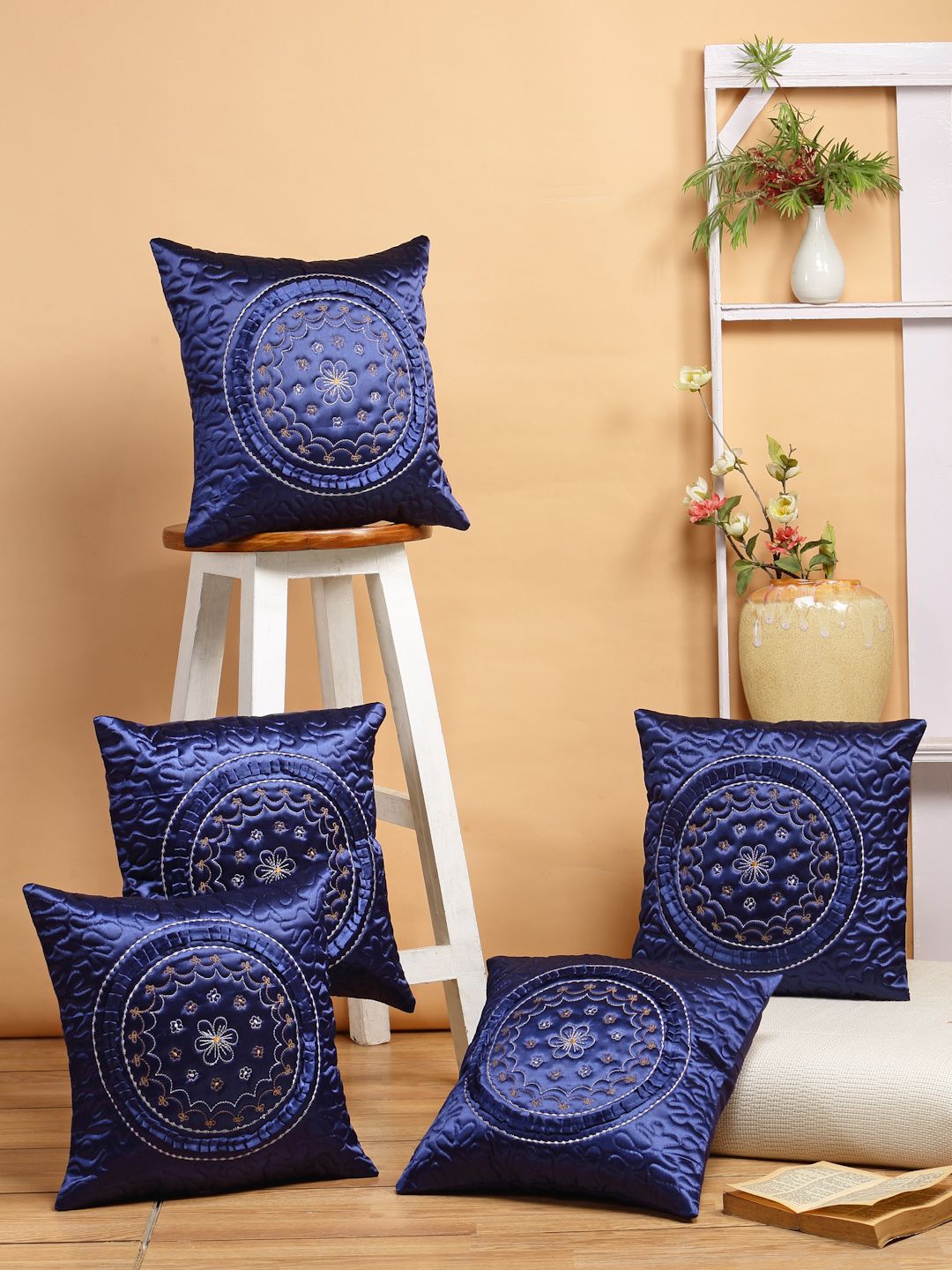 DREAM WEAVERZ Navy Blue Set of 5 Ethnic Motifs Square Cushion Covers Price in India