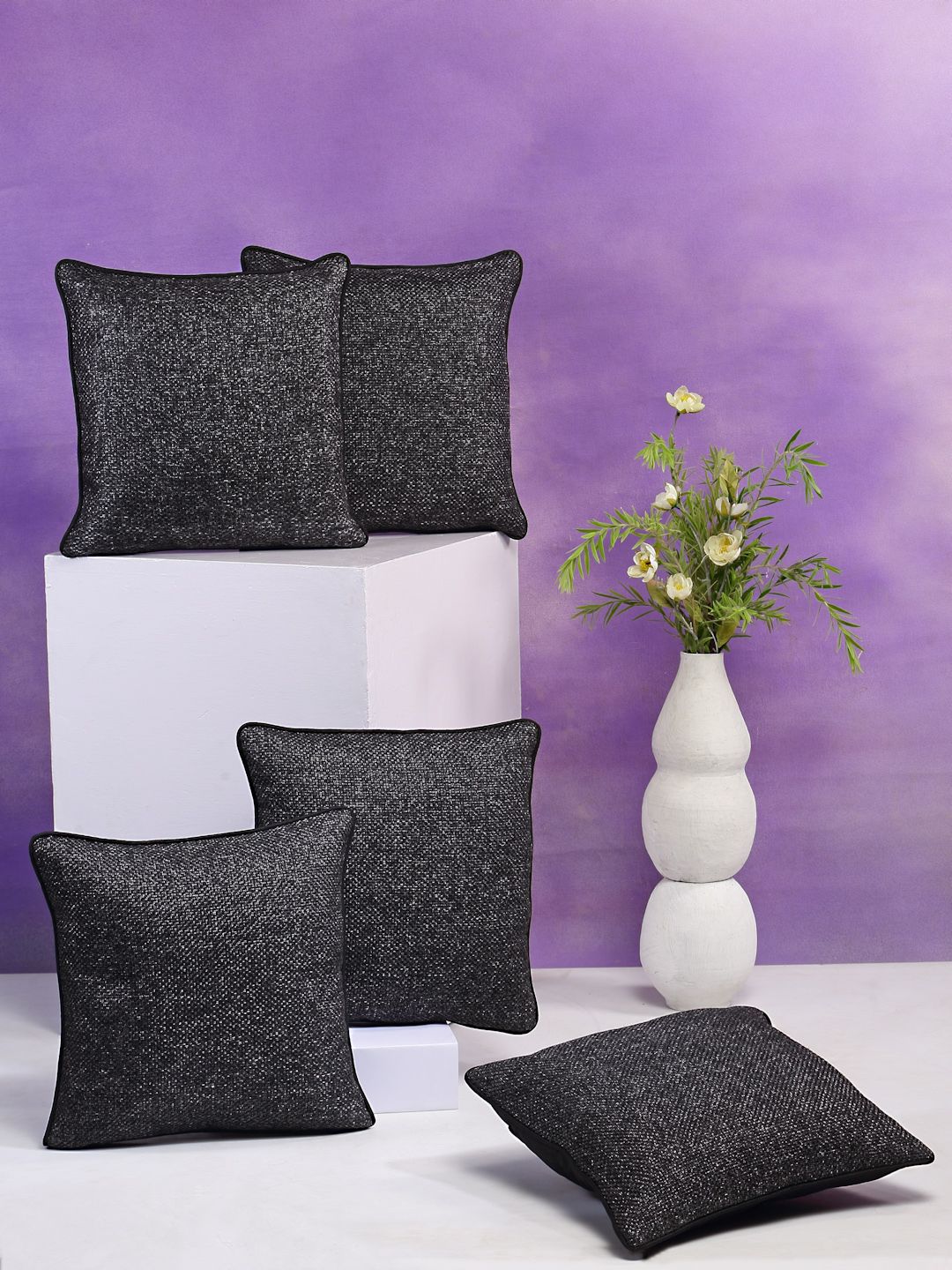 DREAM WEAVERZ Black Set of 5 Self Design Square Jute Cushion Covers Price in India