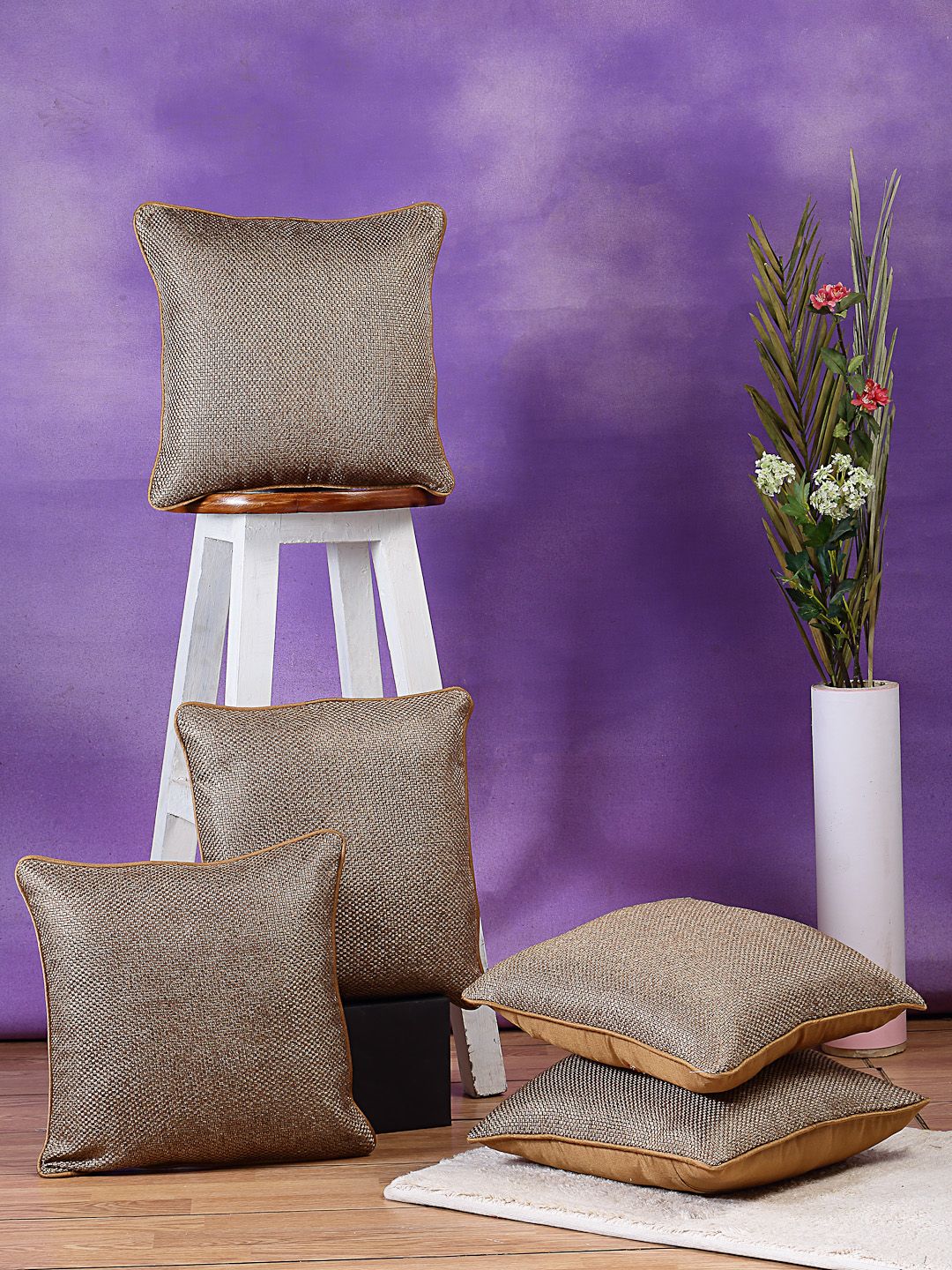 DREAM WEAVERZ Set of 5 Coffee Brown Self Design Square Cushion Covers Price in India