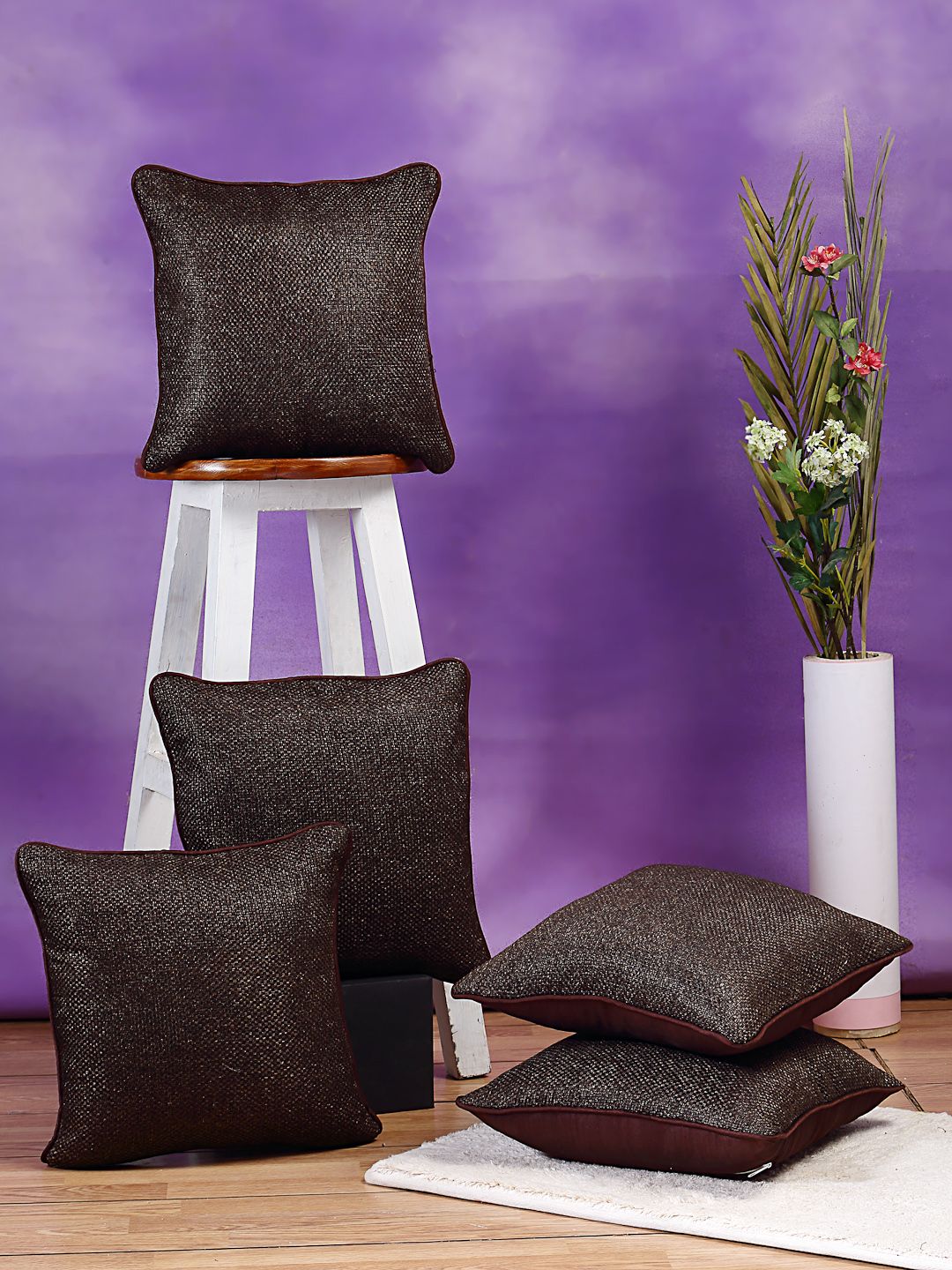 DREAM WEAVERZ Brown Set of 5 Self Design Square Cushion Covers Price in India