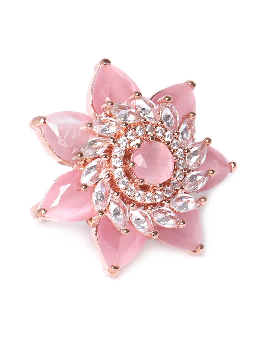 JEWELS GEHNA Pink Rose Gold-Plated AD-Studded Handcrafted Adjustable Floral Finger Ring Price in India