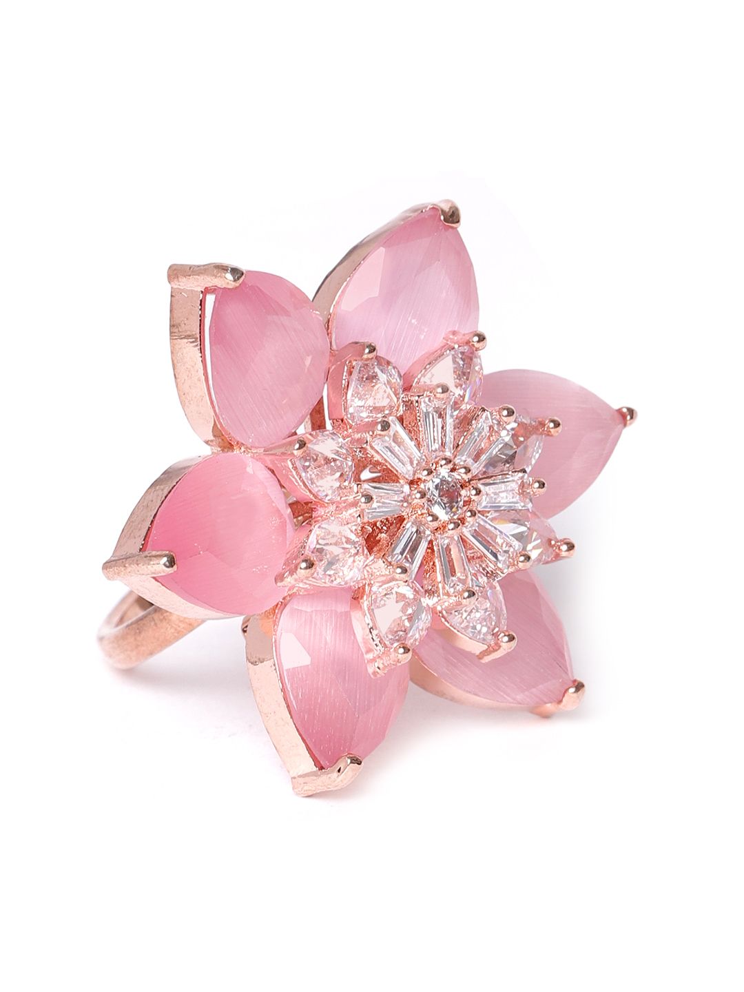 JEWELS GEHNA Pink Rose Gold-Plated AD-Studded Handcrafted Adjustable Floral Finger Ring Price in India