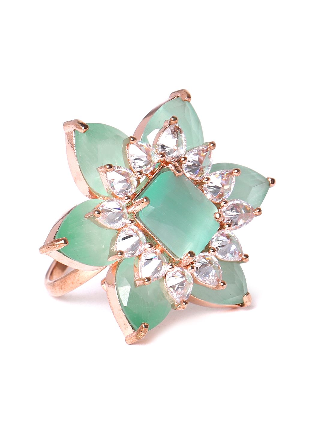 JEWELS GEHNA Sea Green Rose Gold-Plated AD-Studded Handcrafted Adjustable Floral Ring Price in India