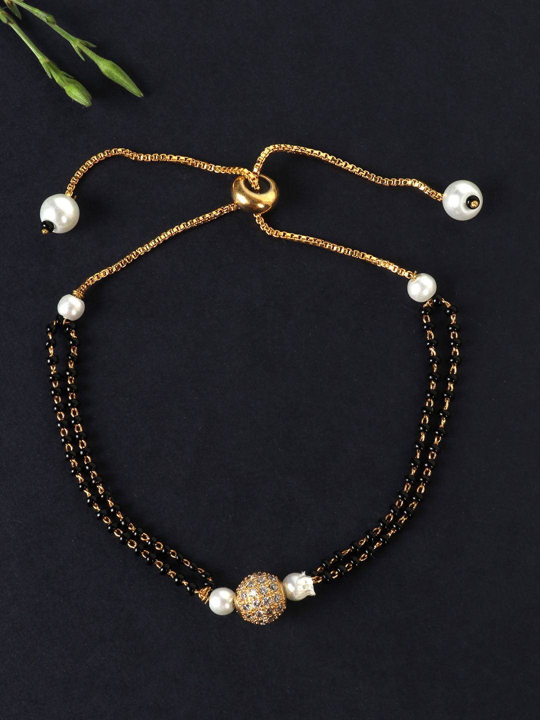JEWELS GEHNA Black & White Gold-Plated Beaded & AD-Studded Mangalsutra Bracelet Price in India