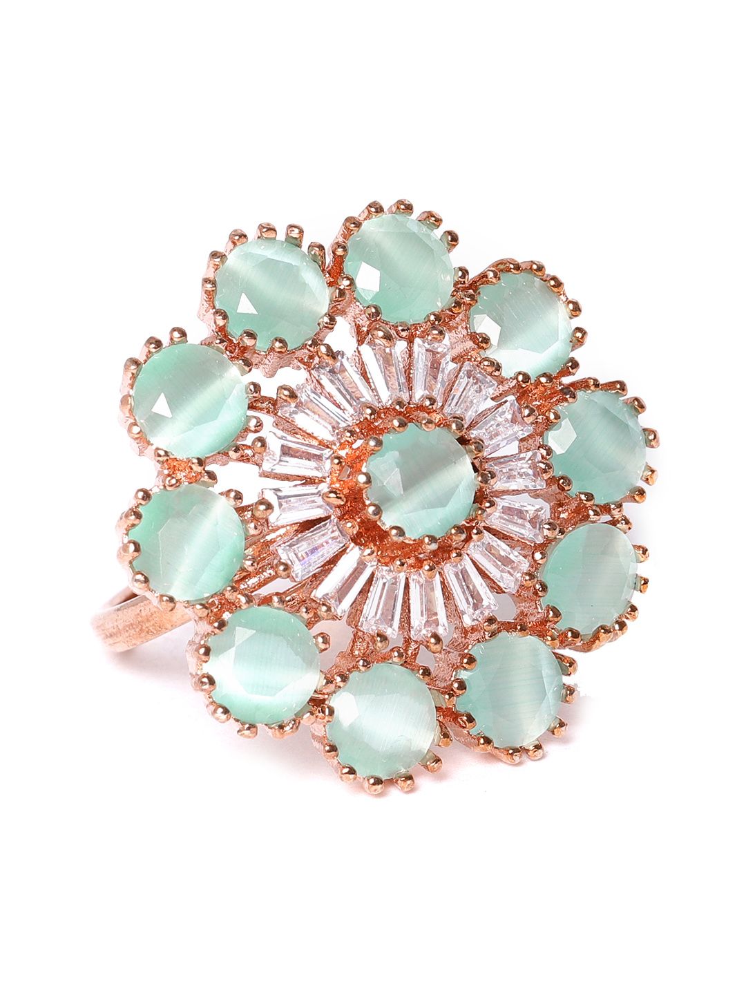 JEWELS GEHNA Sea Green Rose Gold-Plated AD-Studded Handcrafted Adjustable Circular Ring Price in India