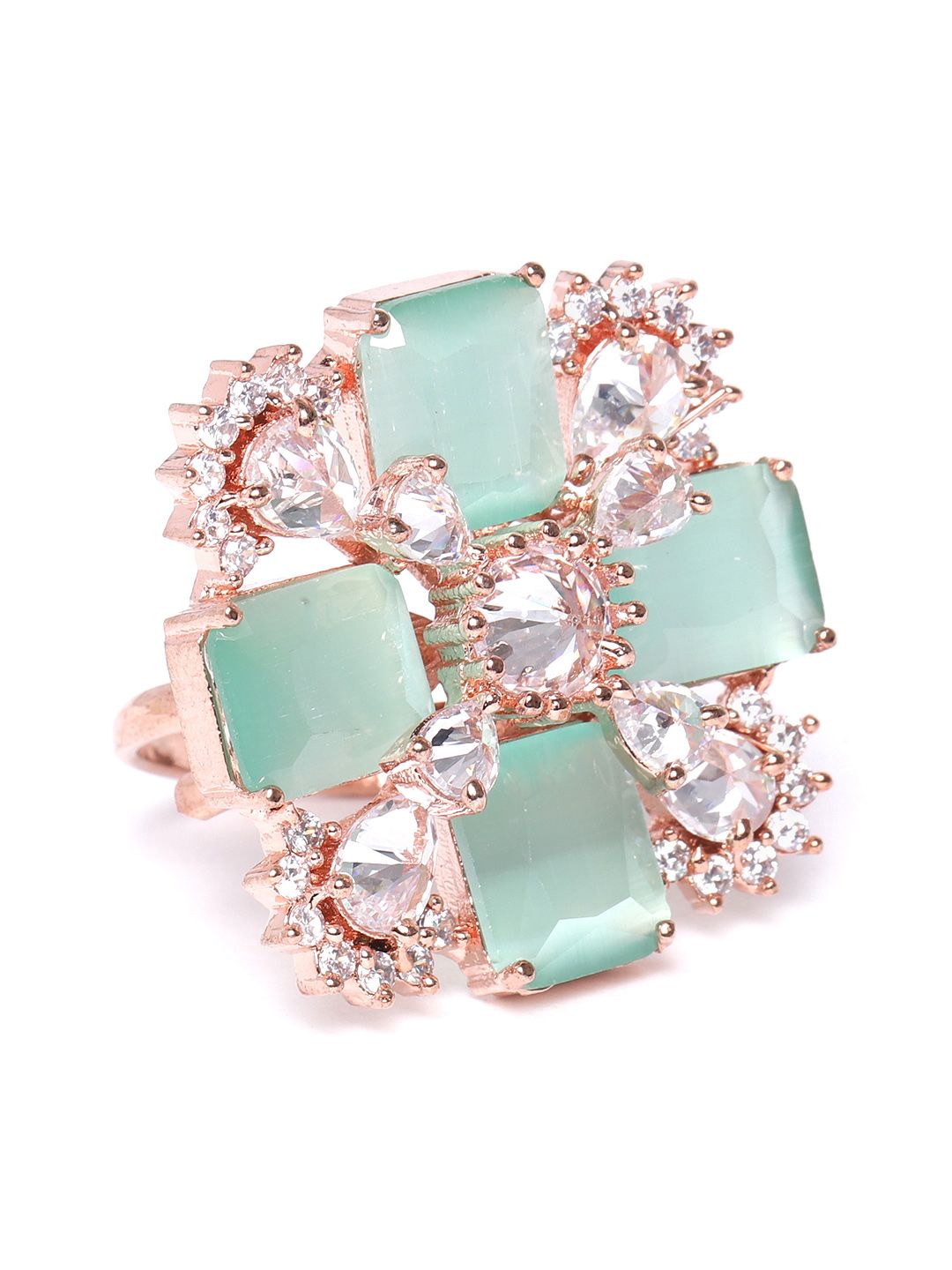 JEWELS GEHNA Sea Green Rose Gold-Plated AD-Studded Handcrafted Adjustable Finger Ring Price in India