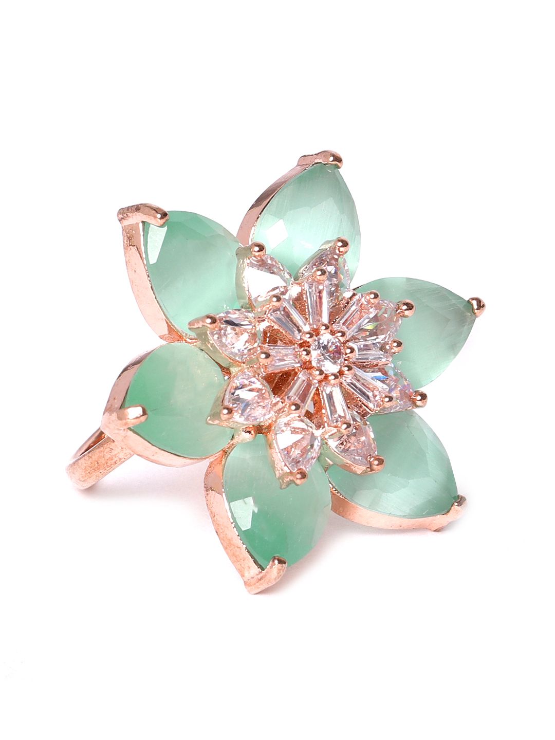 JEWELS GEHNA Sea Green Rose Gold-Plated AD-Studded Handcrafted Adjustable Floral Ring Price in India