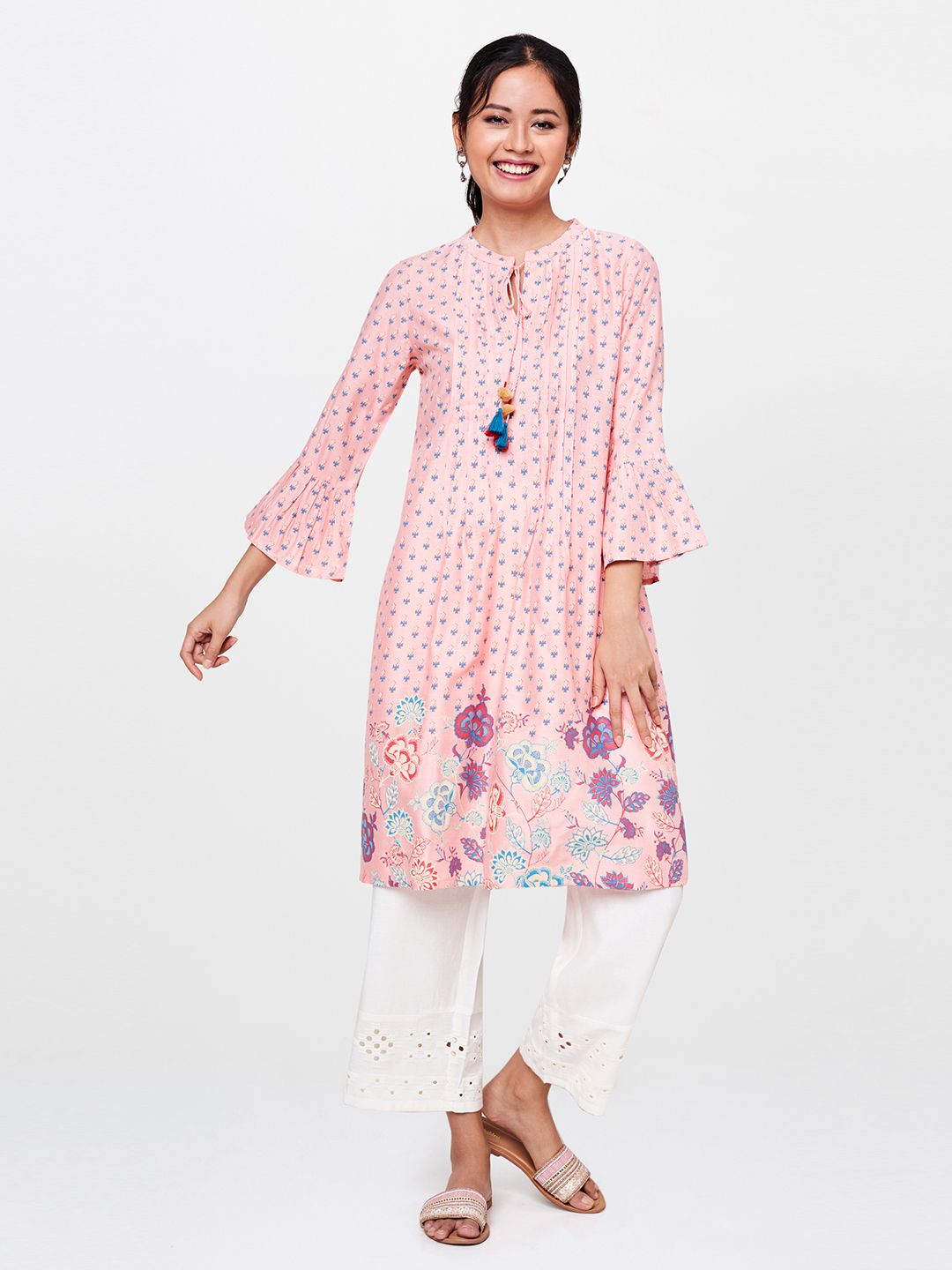 Global Desi Women's Pink & Blue Checked Tunic Price in India