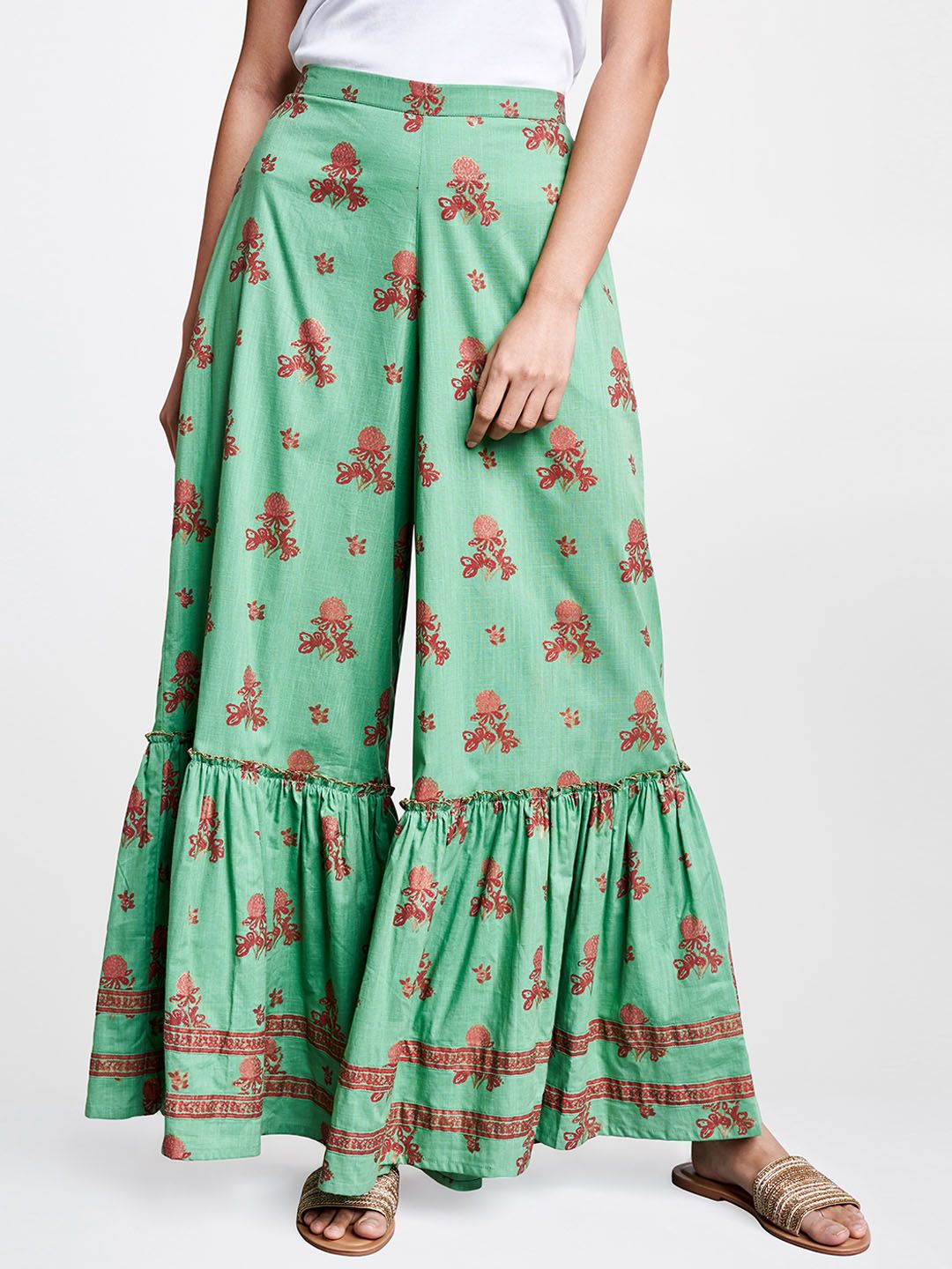 Global Desi Women Sea Green & Maroon Printed Flared Palazzos