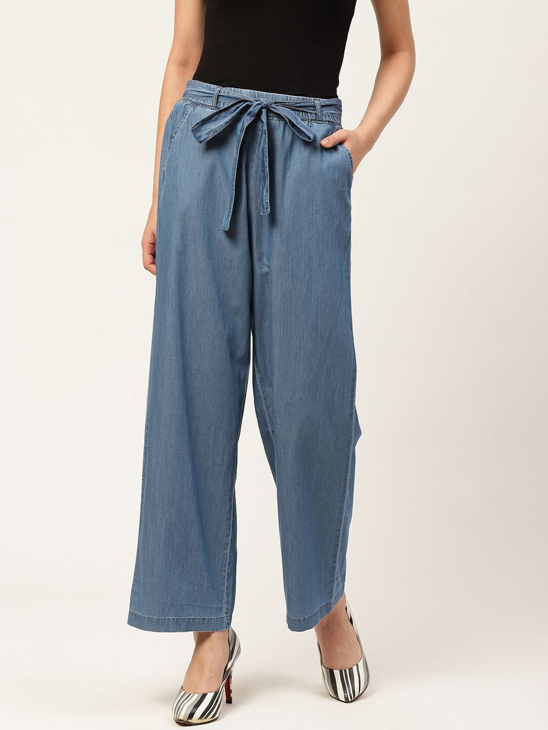 Xpose Women Blue Loose Fit Solid Chambray Parallel Trousers