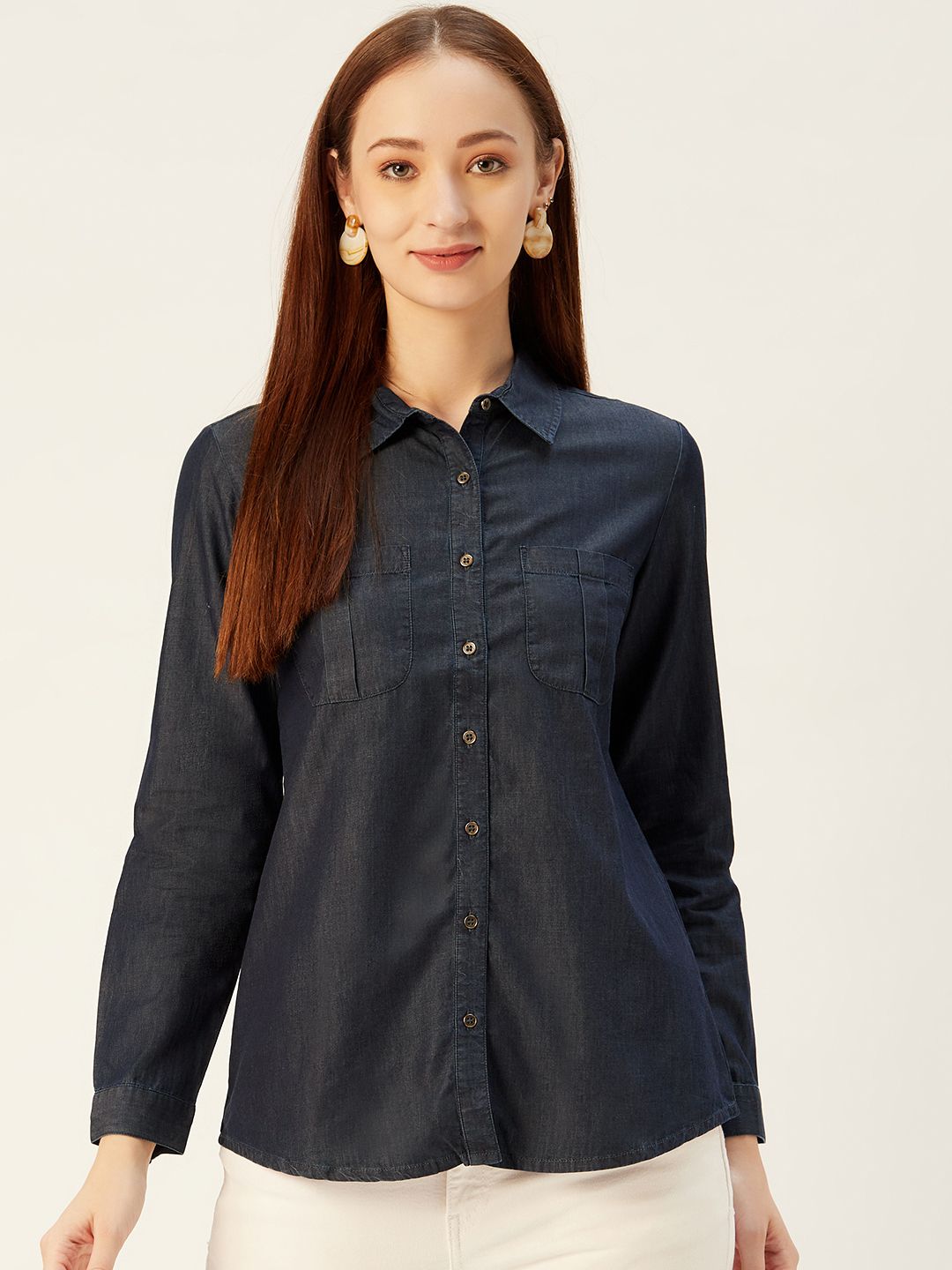 Xpose Women Navy Blue Classic Regular Fit Solid Casual Shirt