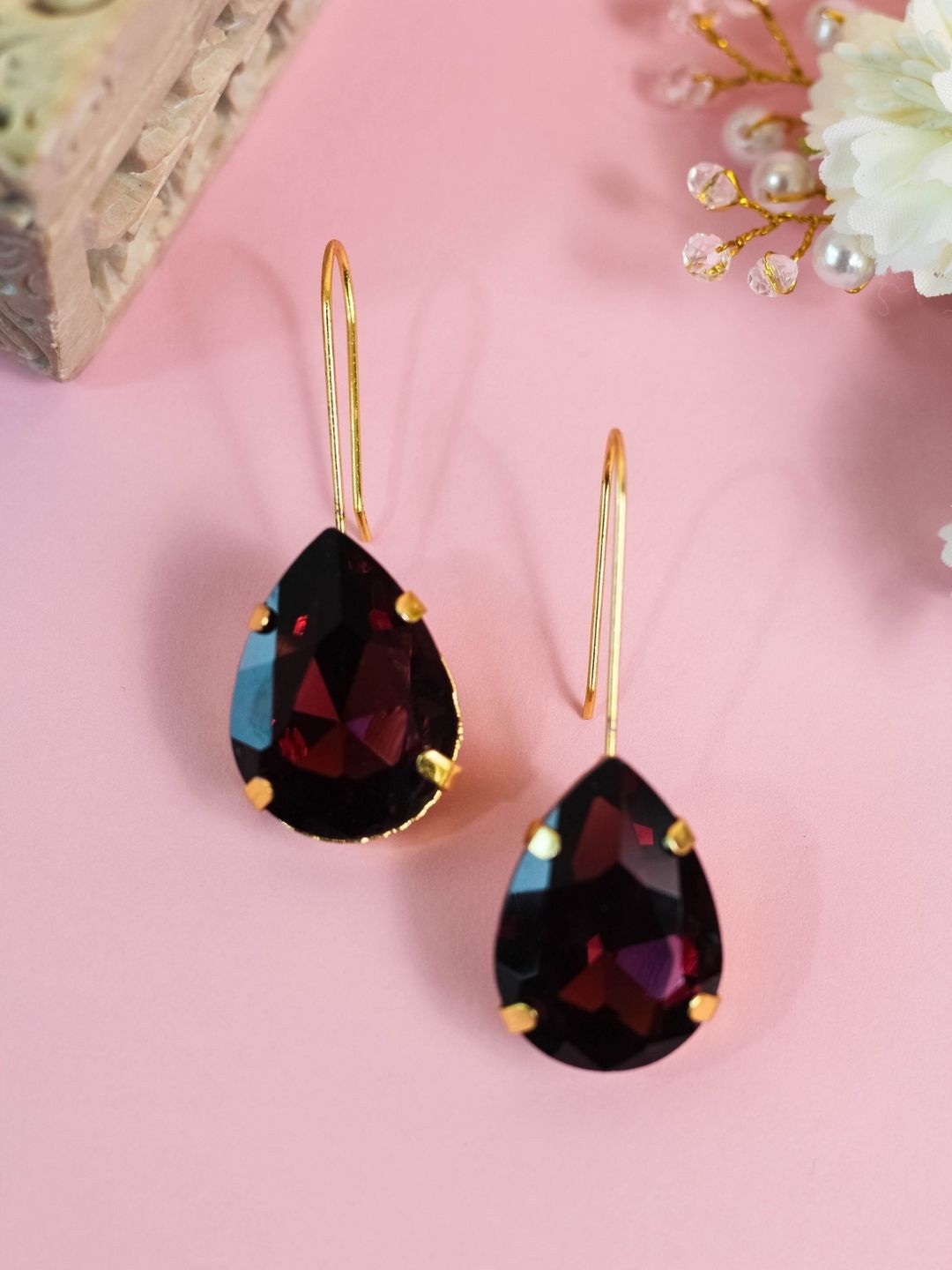 AccessHer Gold-Plated & Burgundy Teardrop Shaped Drop Earrings Price in India