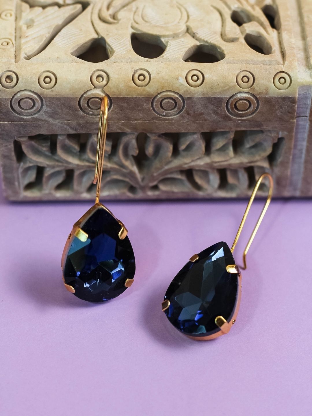 AccessHer Gold-Plated & Blue Teardrop Shaped Drop Earrings Price in India