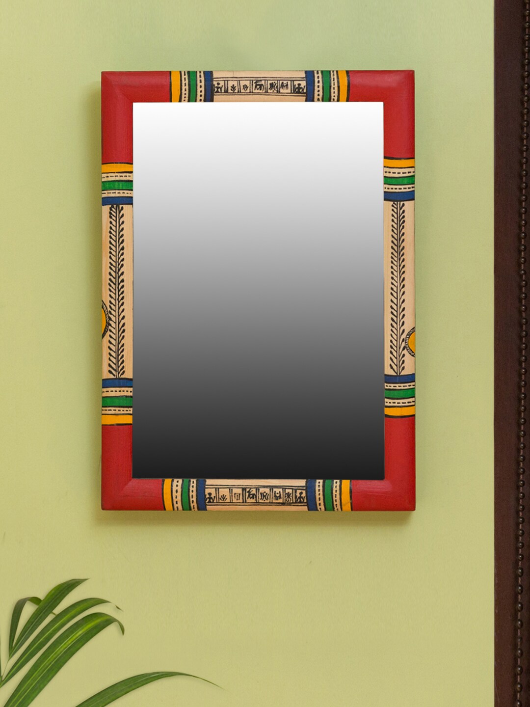 ExclusiveLane Red & Yellow Warli Hand-Painted Pine Wooden Wall Mirror Price in India