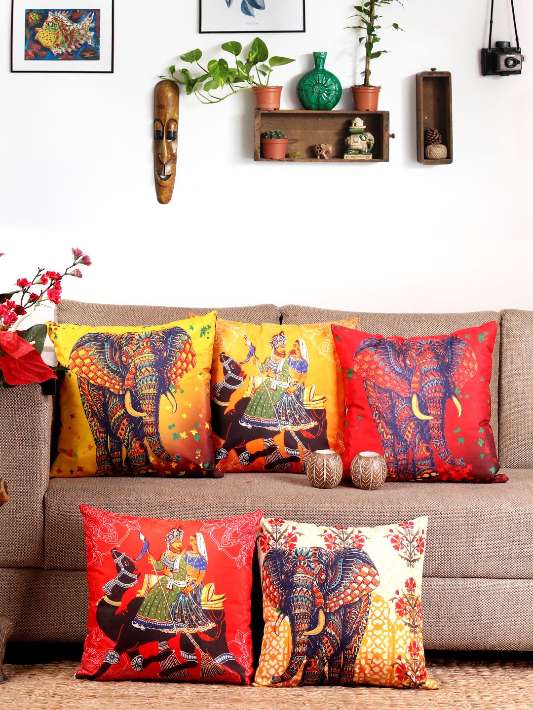 NISRAG HOME Set of 5 Red & Yellow Ethnic Printed Square Cushion Covers Price in India