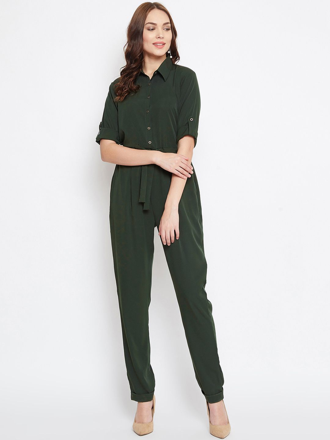 Uptownie Lite Women Olive Green Solid American Crepe Basic Jumpsuit With Waist Tie-Up Price in India