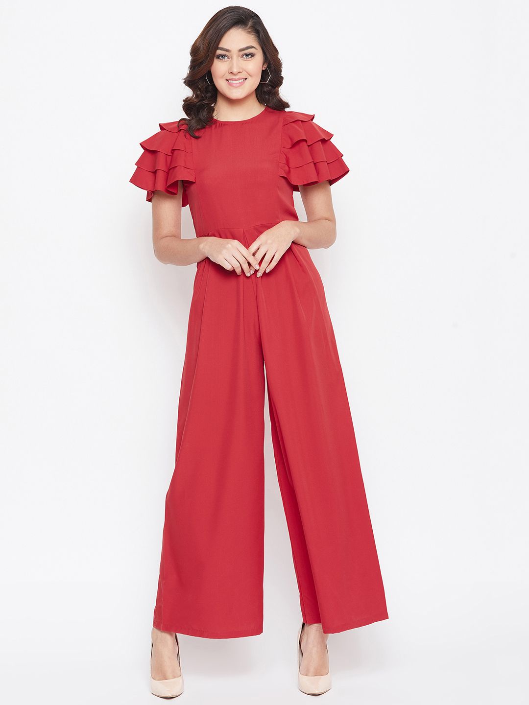 Uptownie Lite Women Red Solid Basic Ruffle Jumpsuit Price in India