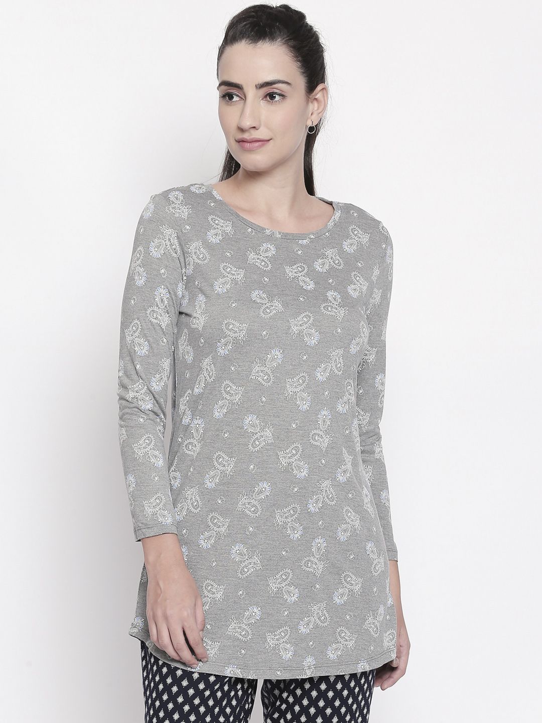 Dreamz by Pantaloons Women Grey Melange & White Printed Lounge T-shirt Price in India