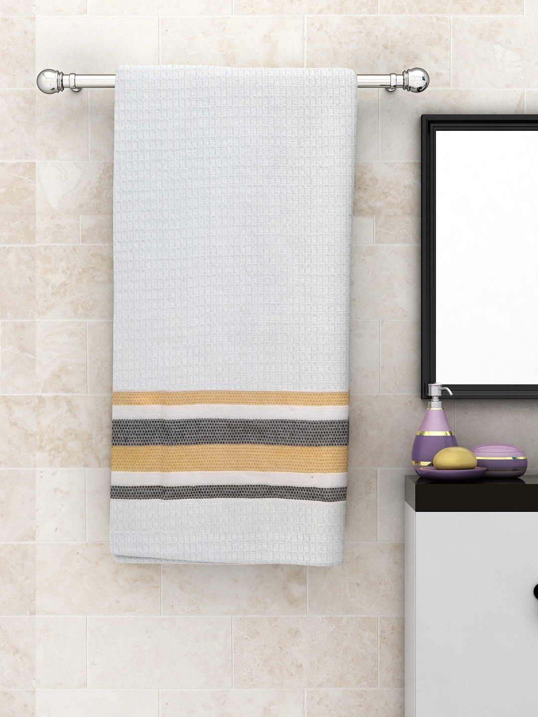 Athom Trendz Pack of 6 White Self-Design 210 GSM Premium Bath Towels Price in India
