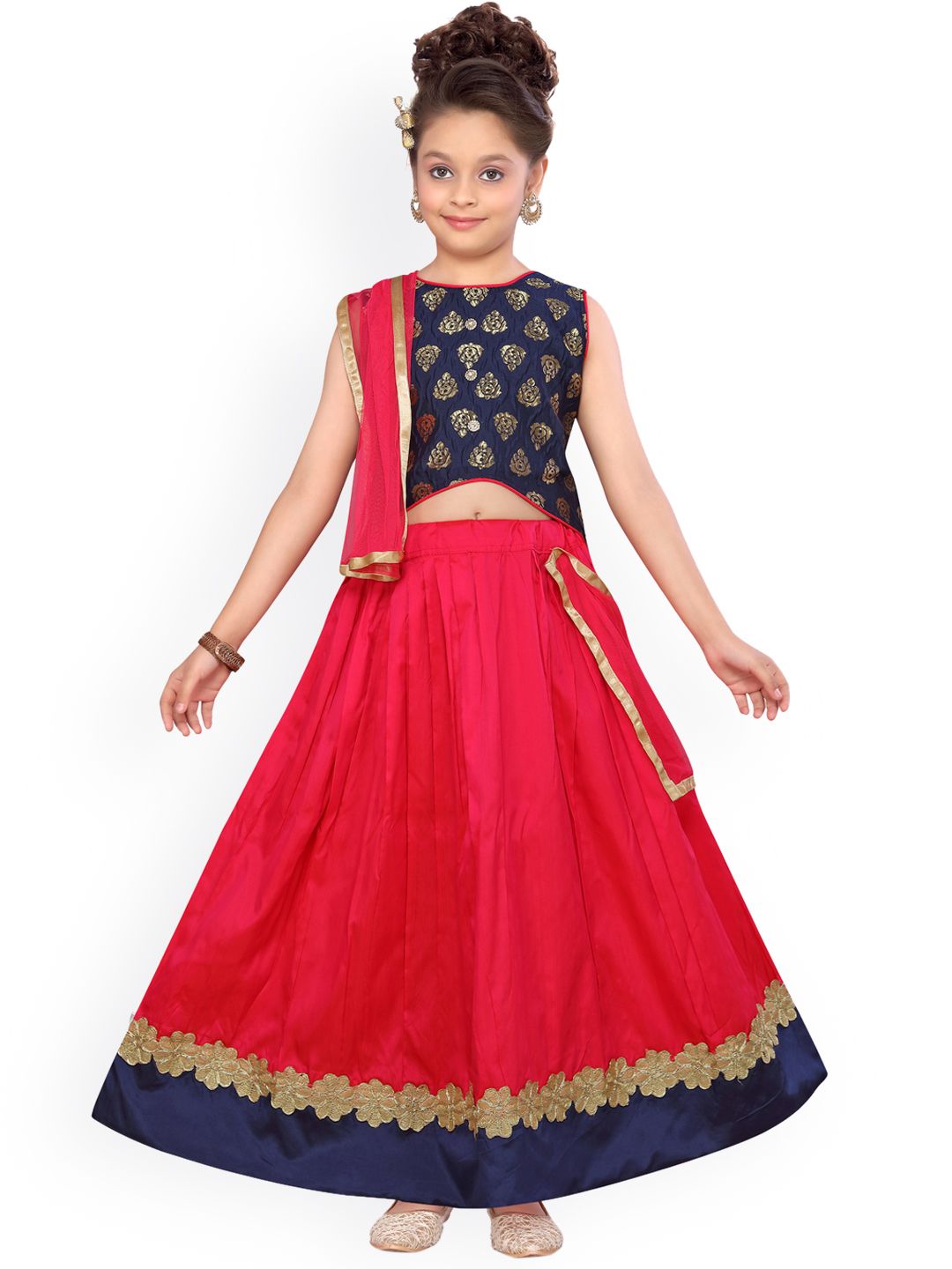 Aarika Girls Navy Blue & Pink Embroidered Ready to Wear Pattu Pavadai with Dupatta