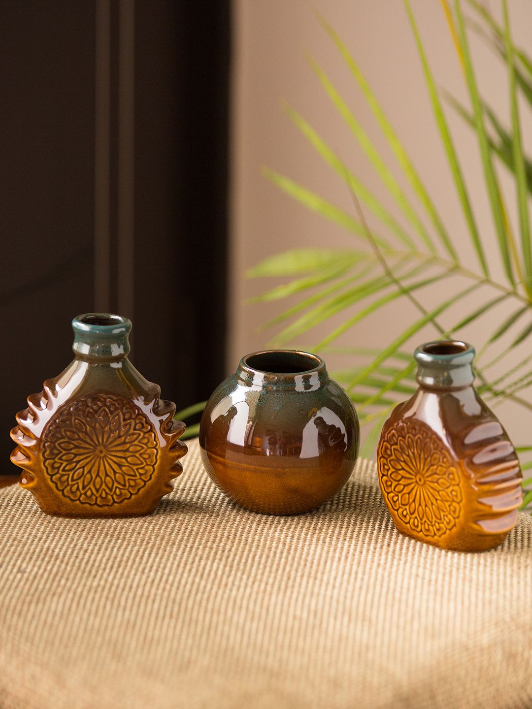 ExclusiveLane Set of 3 Brown & Teal Blue Textured Studio Pottery Ceramic Vases Price in India