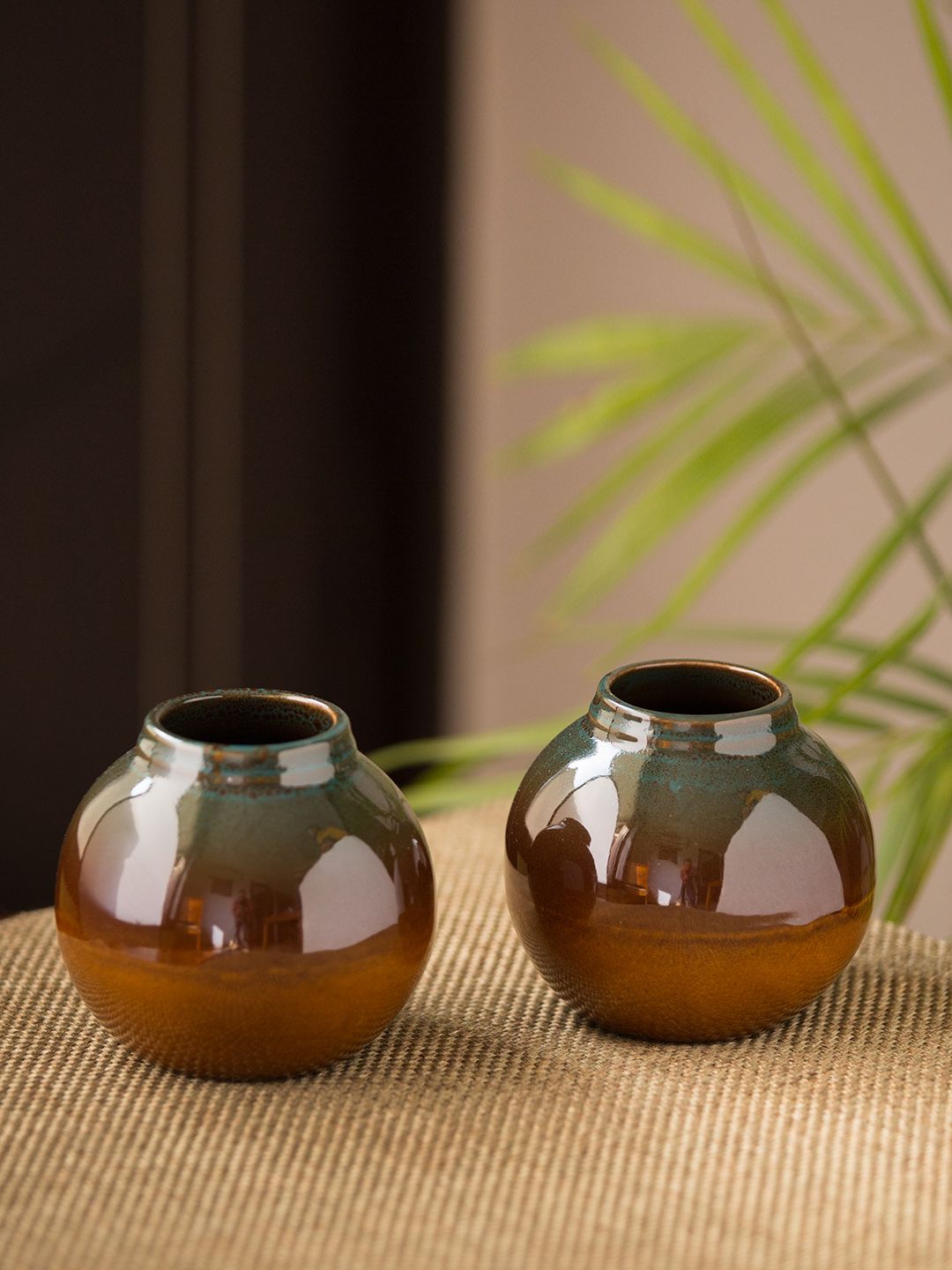 ExclusiveLane Set Of 2 Brown & Teal Blue Printed Amber & Teal Studio Ceramic Pottery Vases Price in India