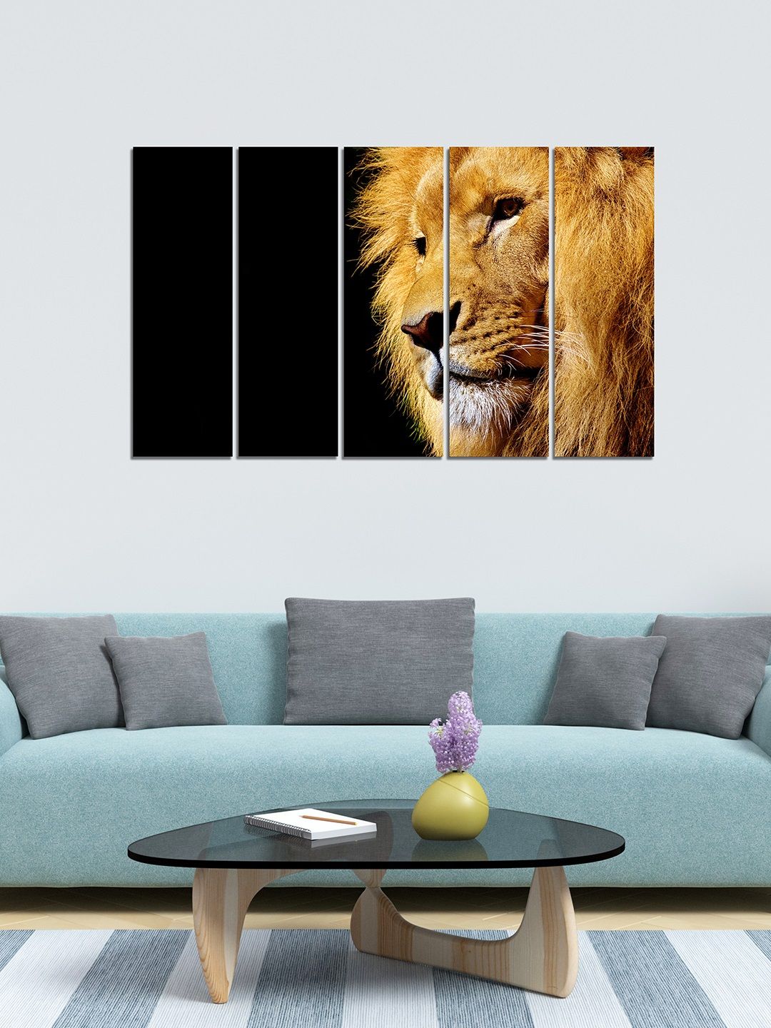 WENS Set of 5 Brown & Black The Lion King Velvet Laminated  Panelled Wall Paintings Price in India