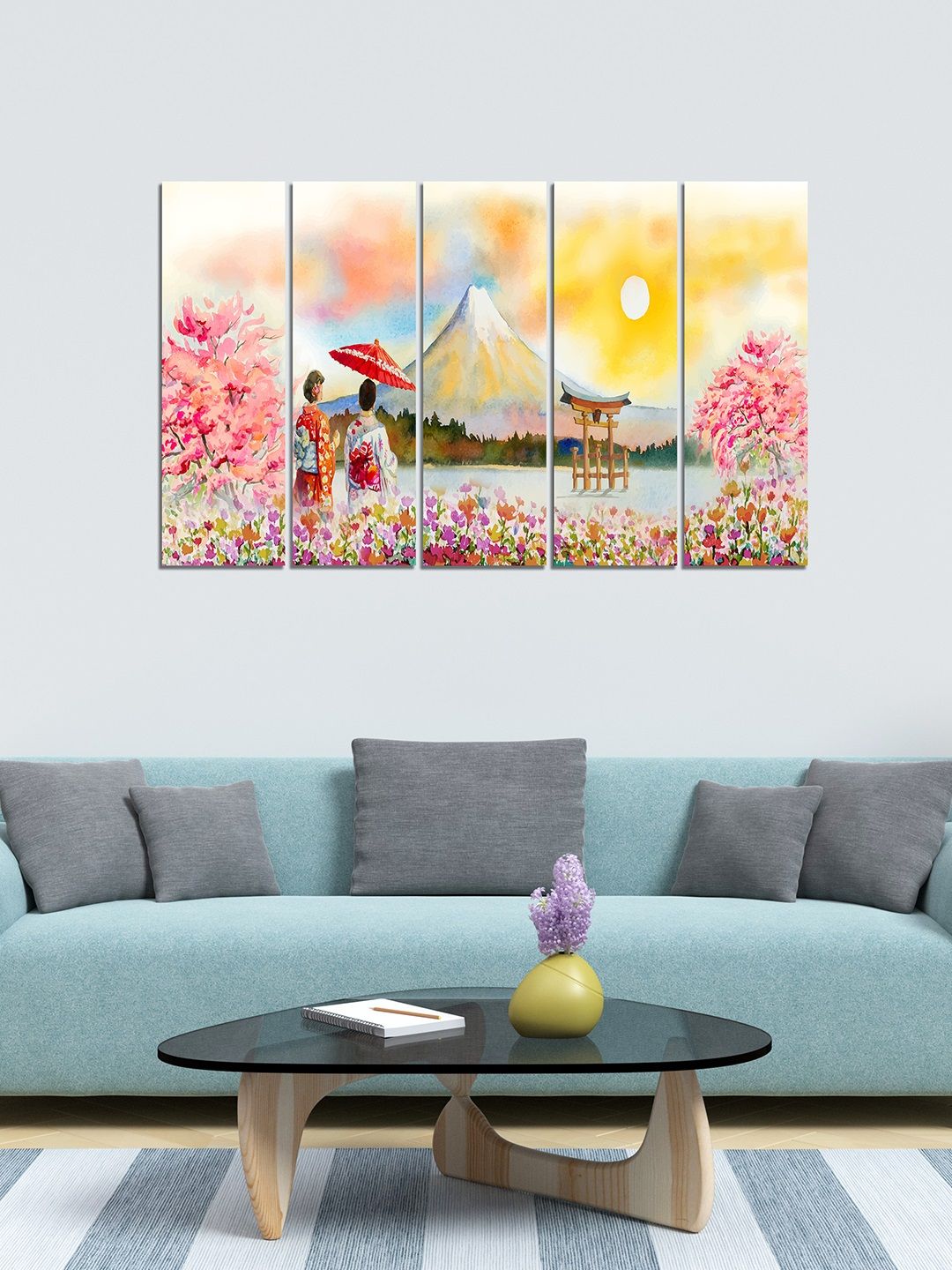 WENS Pink & Yellow 5 Panelled Mount Fuji Velvet Laminated Wall Painting Price in India